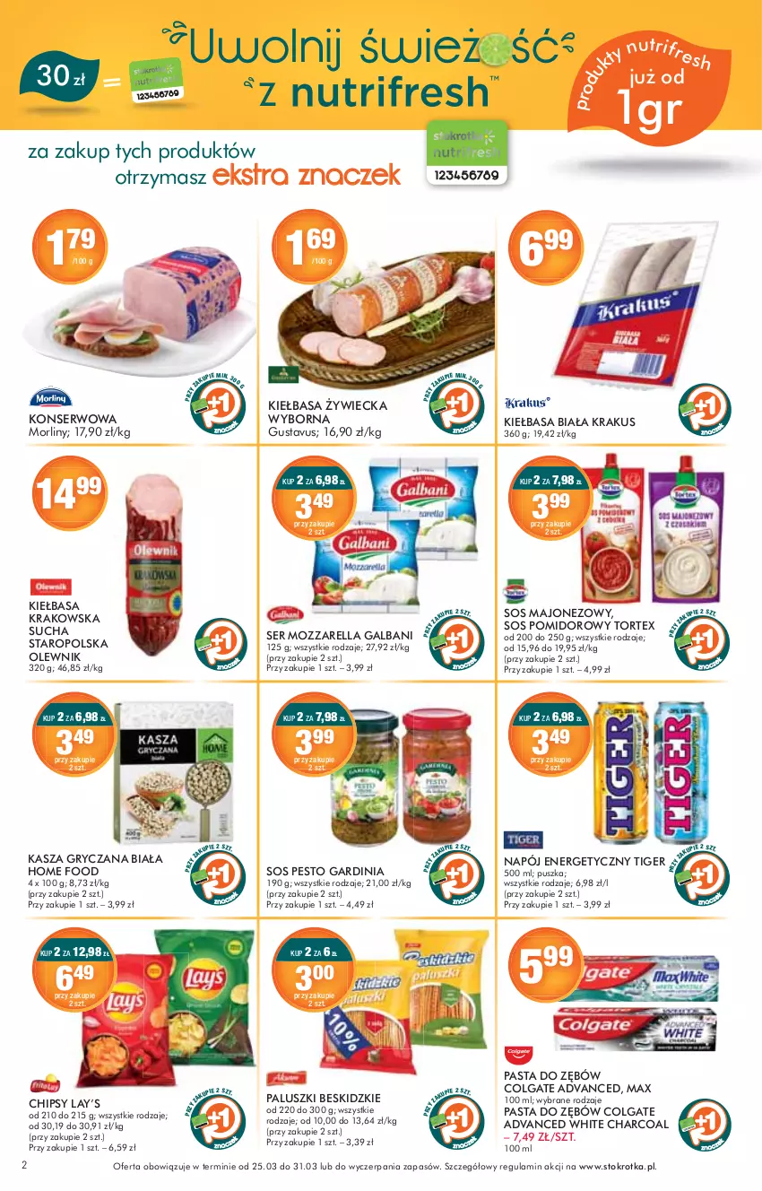 Gazetka promocyjna Stokrotka - Supermarket - ważna 25.03 do 31.03.2021 - strona 2 - produkty: Chipsy, Colgate, Galbani, Lay’s, LG, Majonez, Mozzarella, Olewnik, Pesto, Ser, Sos, Sos pomidorowy