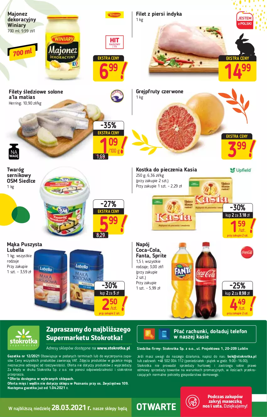 Gazetka promocyjna Stokrotka - Supermarket - ważna 25.03 do 31.03.2021 - strona 24 - produkty: Bell, Bella, Coca-Cola, Fa, Fanta, Filet z piersi indyka, Grejpfrut, JBL, Kasia, Kostka do pieczenia, Lubella, Majonez, Mąka, Napój, O nas, Piec, Ser, Sprite, Telefon, Twaróg, Wagi, Winiary