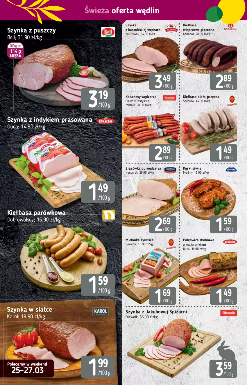 Gazetka promocyjna Stokrotka - Supermarket - ważna 25.03 do 31.03.2021 - strona 8 - produkty: Bell, Duda, Kabanos, Kęski piwne, Kiełbasa, Kiełbasa biała, Mielonka tyrolska, Morliny, NOWAK, Olewnik, Piec, Polędwica, Sok, Sokołów, Szynka