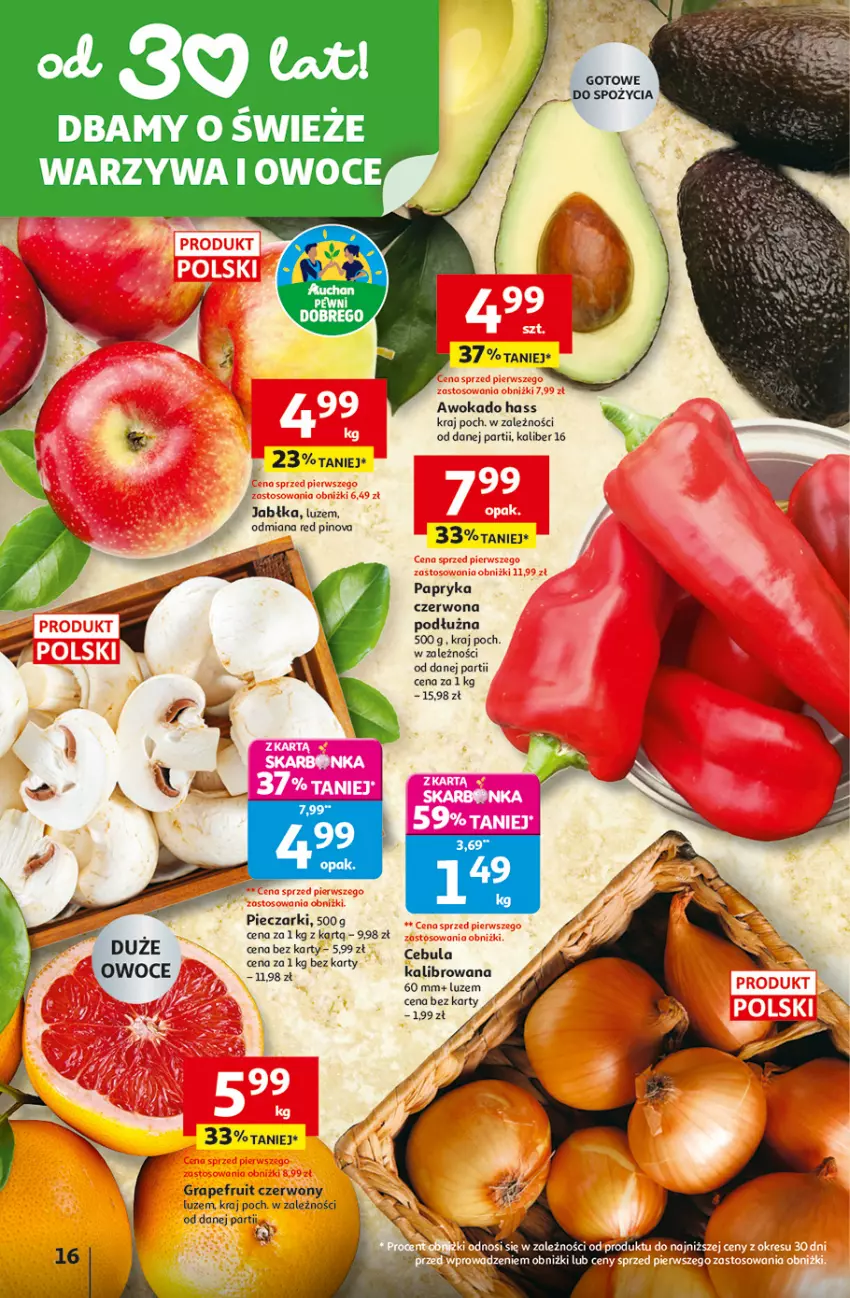 Gazetka promocyjna Auchan - Gazetka 30 Lat Hipermarket Auchan - ważna 29.01 do 04.02.2026 - strona 16 - produkty: Cebula, Gra, Jabłka, Kosz, Owoce, Papryka, Papryka czerwona, Piec, Warzywa, Warzywa i owoce