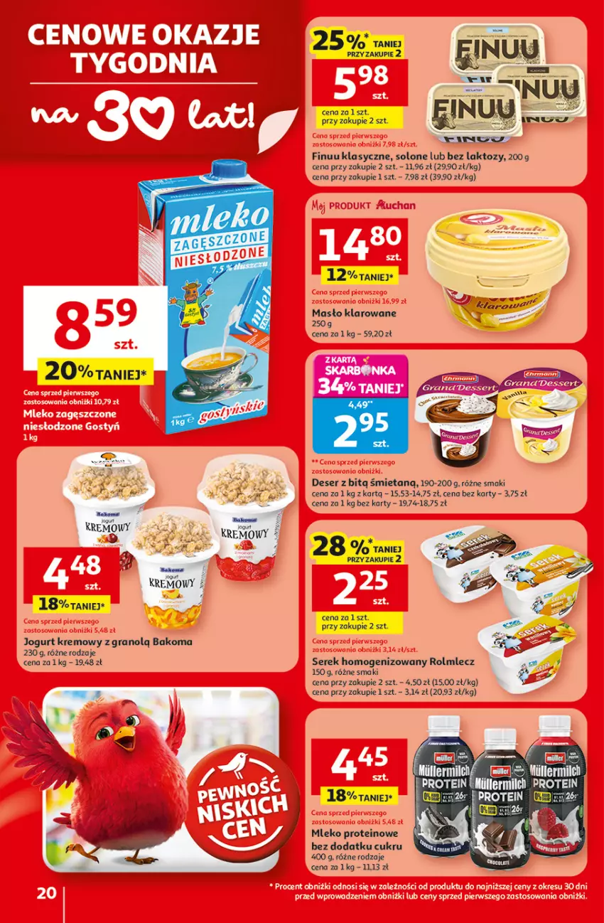 Gazetka promocyjna Auchan - Gazetka 30 Lat Hipermarket Auchan - ważna 29.01 do 04.02.2026 - strona 20 - produkty: Bakoma, Deser, Fa, Finuu, Gin, Gra, Jogurt, Masło, Masło klarowane, Mleko, Rolmlecz, Ser, Serek, Serek homogenizowany
