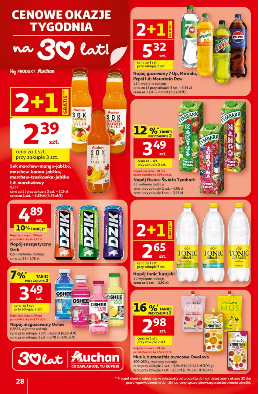 Gazetka promocyjna Auchan - Gazetka 30 Lat Hipermarket Auchan - ważna 29.01 do 04.02.2026 - strona 28 - produkty: Mirinda, Mus, Napój, Napój energetyczny, Napój gazowany, Napój niegazowany, Oshee, Owoce, Pepsi, Smoothie, Sok, Tymbark