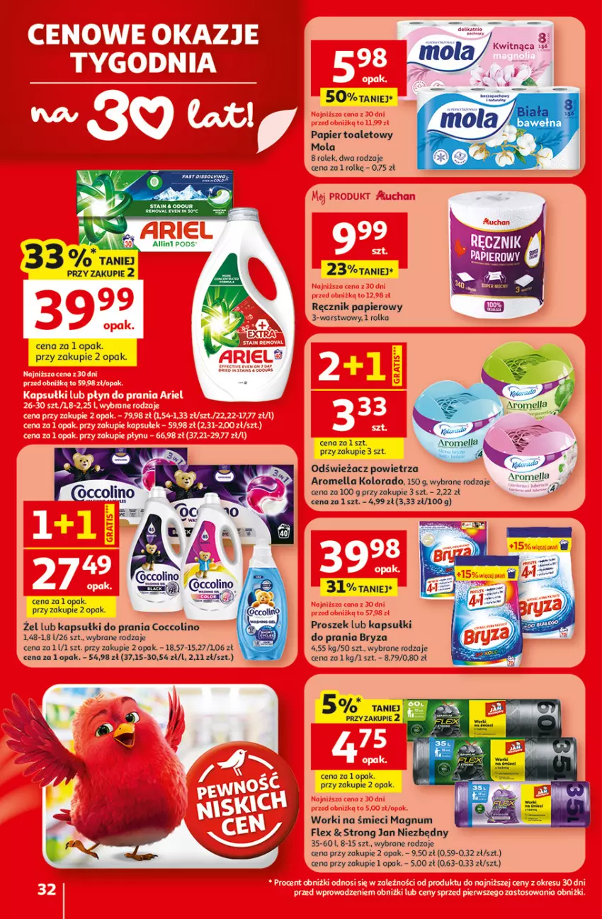 Gazetka promocyjna Auchan - Gazetka 30 Lat Hipermarket Auchan - ważna 29.01 do 04.02.2026 - strona 32 - produkty: Bryza, Coccolino, Jan Niezbędny, Kapsułki do prania, Kolorado, Mola, Odświeżacz powietrza, Papier, Papier toaletowy, Ręcznik, Worki na śmiec, Worki na śmieci