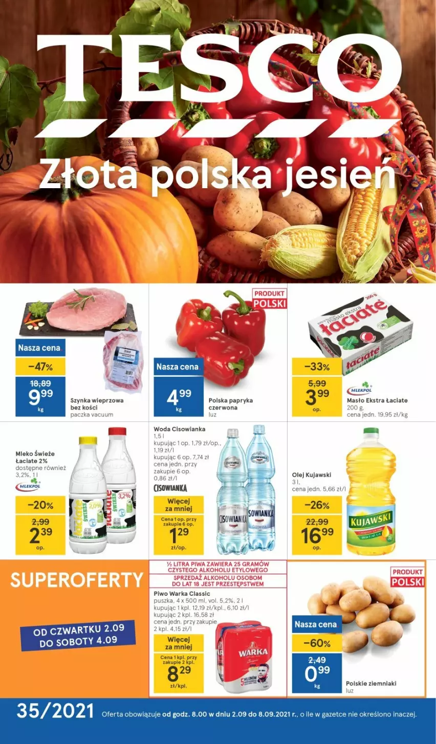 Gazetka promocyjna Tesco - Tesco gazetka - przyszły tydzień - ważna 02.09 do 08.09.2021 - strona 1 - produkty: Cisowianka, Masło, Mleko, Papryka, Papryka czerwona, Piwo, Szynka, Szynka wieprzowa, Warka, Woda, Ziemniaki