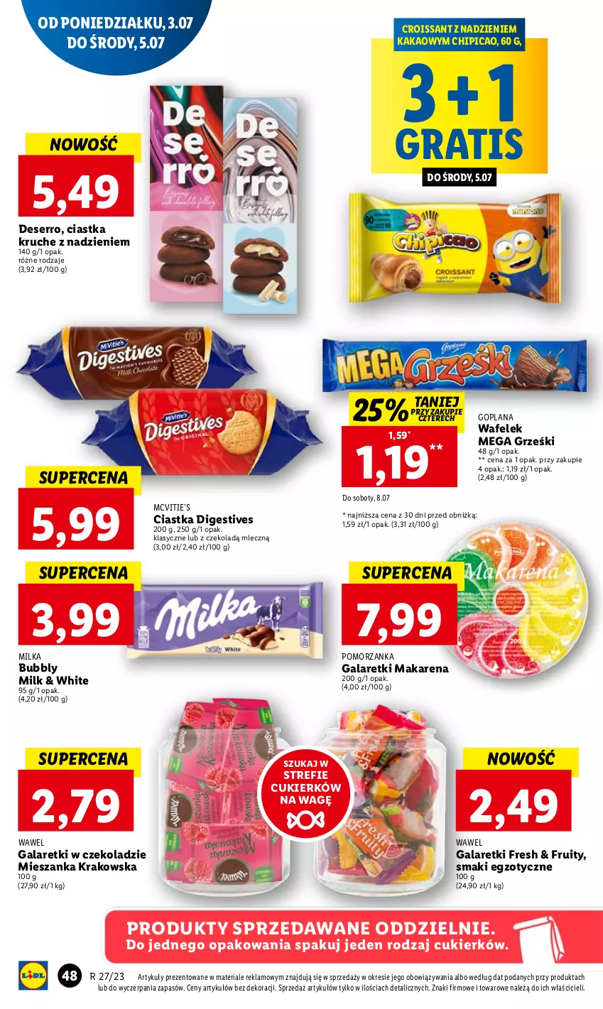 Gazetka promocyjna Lidl - GAZETKA - ważna 03.07 do 05.07.2023 - strona 58 - produkty: Chipicao, Ciastka, Croissant, Cukier, Deser, Gala, Galaretki, Goplana, Gra, Grześki, Kakao, LANA, Milka, Ser, Wafelek, Wawel