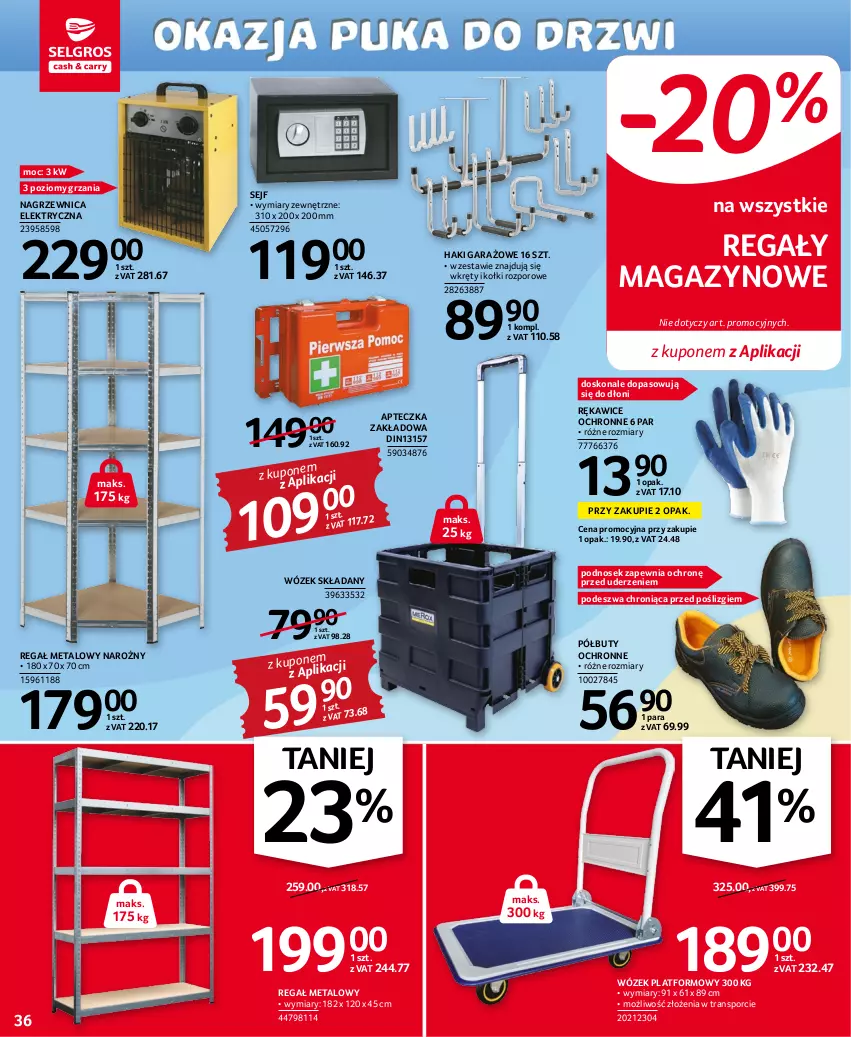 Gazetka promocyjna Selgros - Oferta przemysłowa - ważna 03.11 do 16.11.2022 - strona 36 - produkty: Buty, Garaż, Nagrzewnica elektryczna, Półbuty, Por, Regał, Regał metalowy, Rękawice, Rękawice ochronne, Sejf, Tran, Wkręt, Wózek