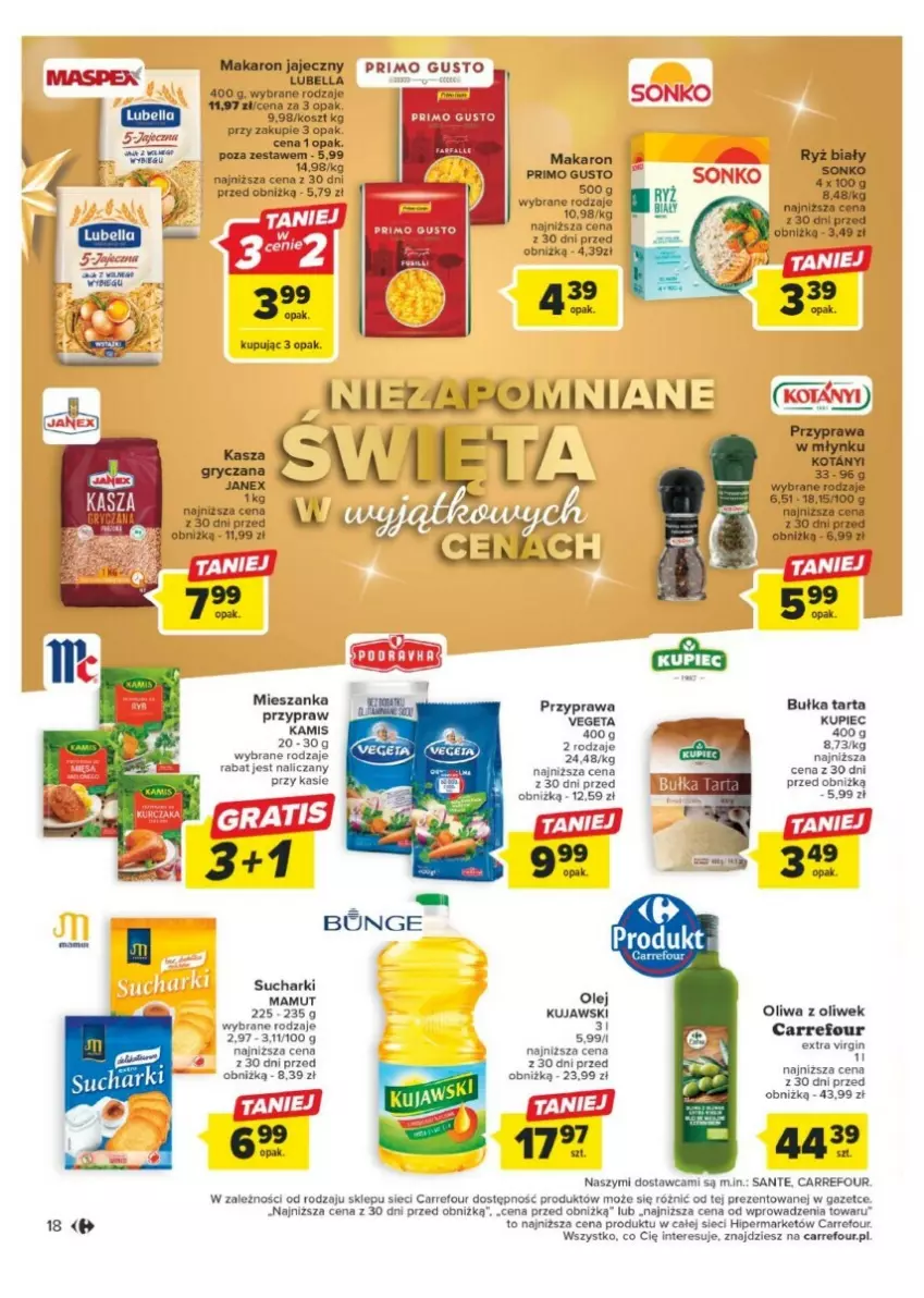 Gazetka promocyjna Carrefour - ważna 11.12 do 17.12.2023 - strona 10 - produkty: Bell, Bella, Bułka, Bułka tarta, Gry, Kasza, Kosz, Kujawski, Kupiec, Lubella, Makaron, Olej, Oliwa z oliwek, Piec, Ryż, Sante, Tarta, Vegeta