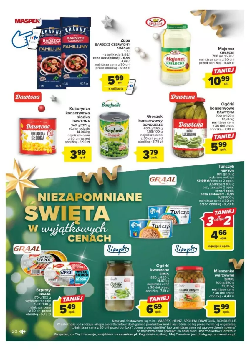 Gazetka promocyjna Carrefour - ważna 11.12 do 17.12.2023 - strona 13 - produkty: Bonduelle, Dawtona, Fa, Groszek, Krakus, Kukurydza, Kukurydza konserwowa, Majonez, Mieszanka warzyw, Ogórki konserwowe, Ser, Sok