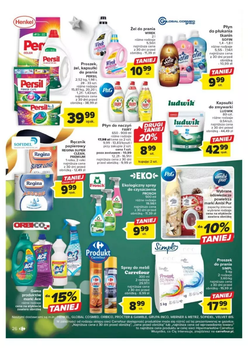 Gazetka promocyjna Carrefour - ważna 11.12 do 17.12.2023 - strona 19 - produkty: Ambi Pur, Fa, Fairy, Frosch, Gin, Kosz, LG, Ludwik, Papier, Persil, Pur, Ręcznik, Rolki, Velvet, Zmywarki