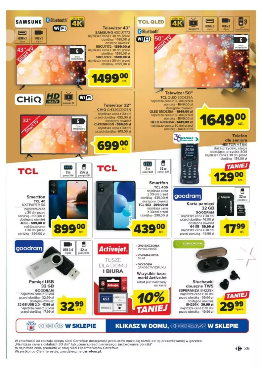 Gazetka promocyjna Carrefour - ważna 11.12 do 17.12.2023 - strona 33 - produkty: Cif, Karta pamięci, LG, Samsung, Słuchawki, Smartfon, Sok, Sos, Telefon, Telewizor, Tusz