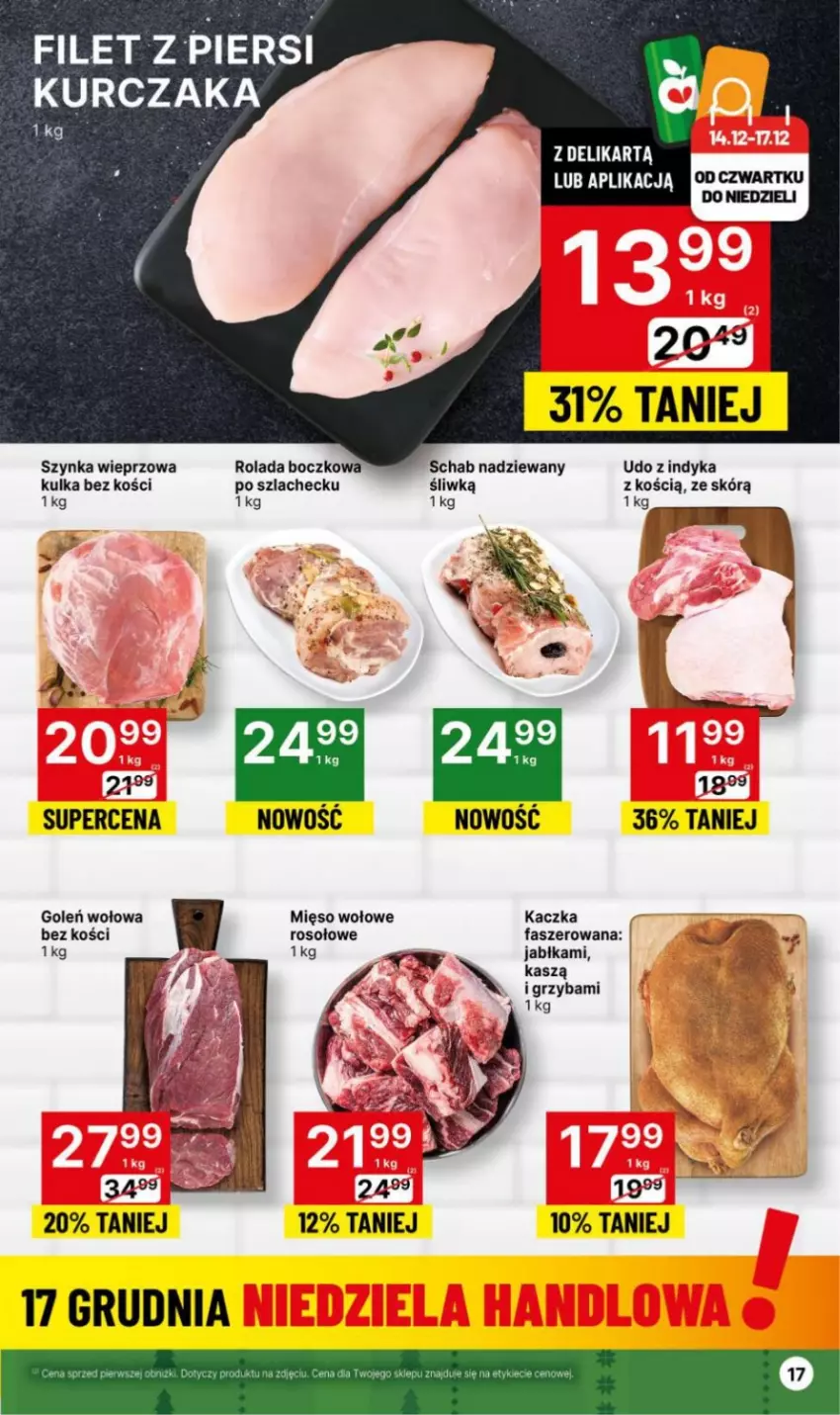 Gazetka promocyjna Delikatesy Centrum - Dyskontowe ceny w Delikatesach Centrum - ważna 14.12 do 26.12.2023 - strona 17 - produkty: Fa, Filet z piersi kurczaka, Jabłka, Kaczka, Kurczak, Mięso, Mięso wołowe, Rolada, Szynka, Szynka wieprzowa