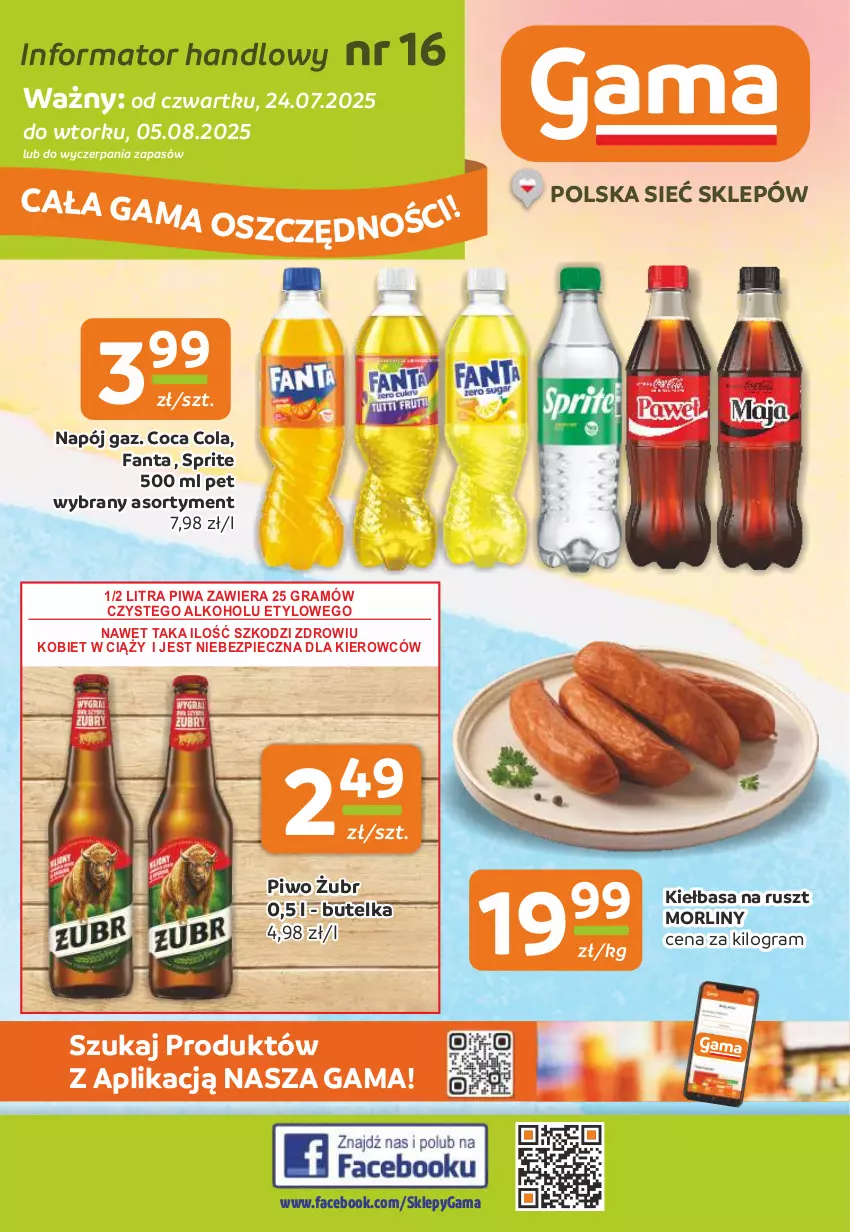 Gazetka promocyjna Gama - Gazetka Gama - ważna 24.07 do 05.08.2025 - strona 1 - produkty: Fa, Fanta, Gra, Kiełbasa, Morliny, Napój, Piec, Piwa, Piwo, Sprite