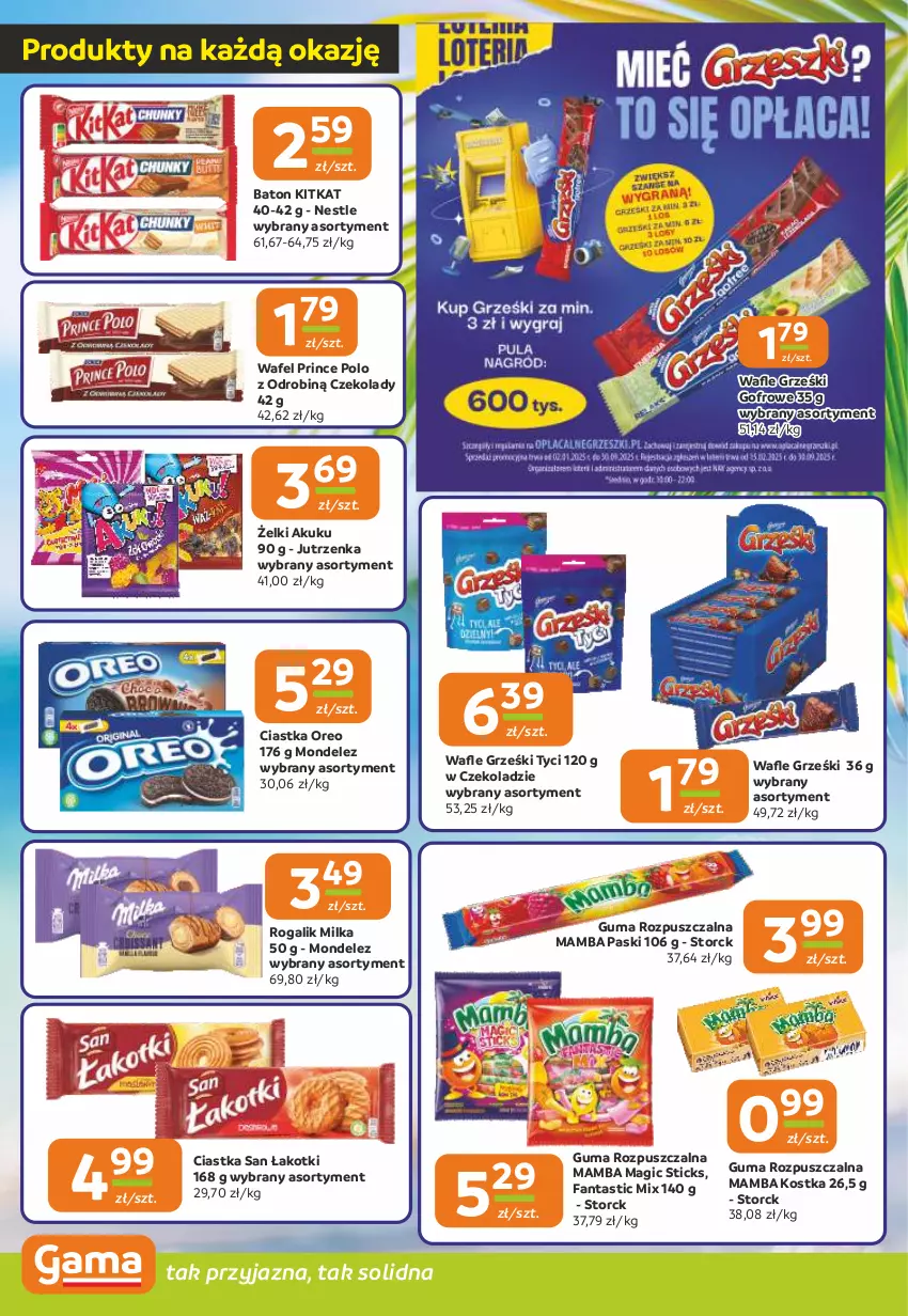Gazetka promocyjna Gama - Gazetka Gama - ważna 24.07 do 05.08.2025 - strona 4 - produkty: Baton, Ciastka, Fa, Fanta, Grześki, Guma rozpuszczalna, Jutrzenka, Mamba, Milka, Oreo, Prince Polo, Rogal