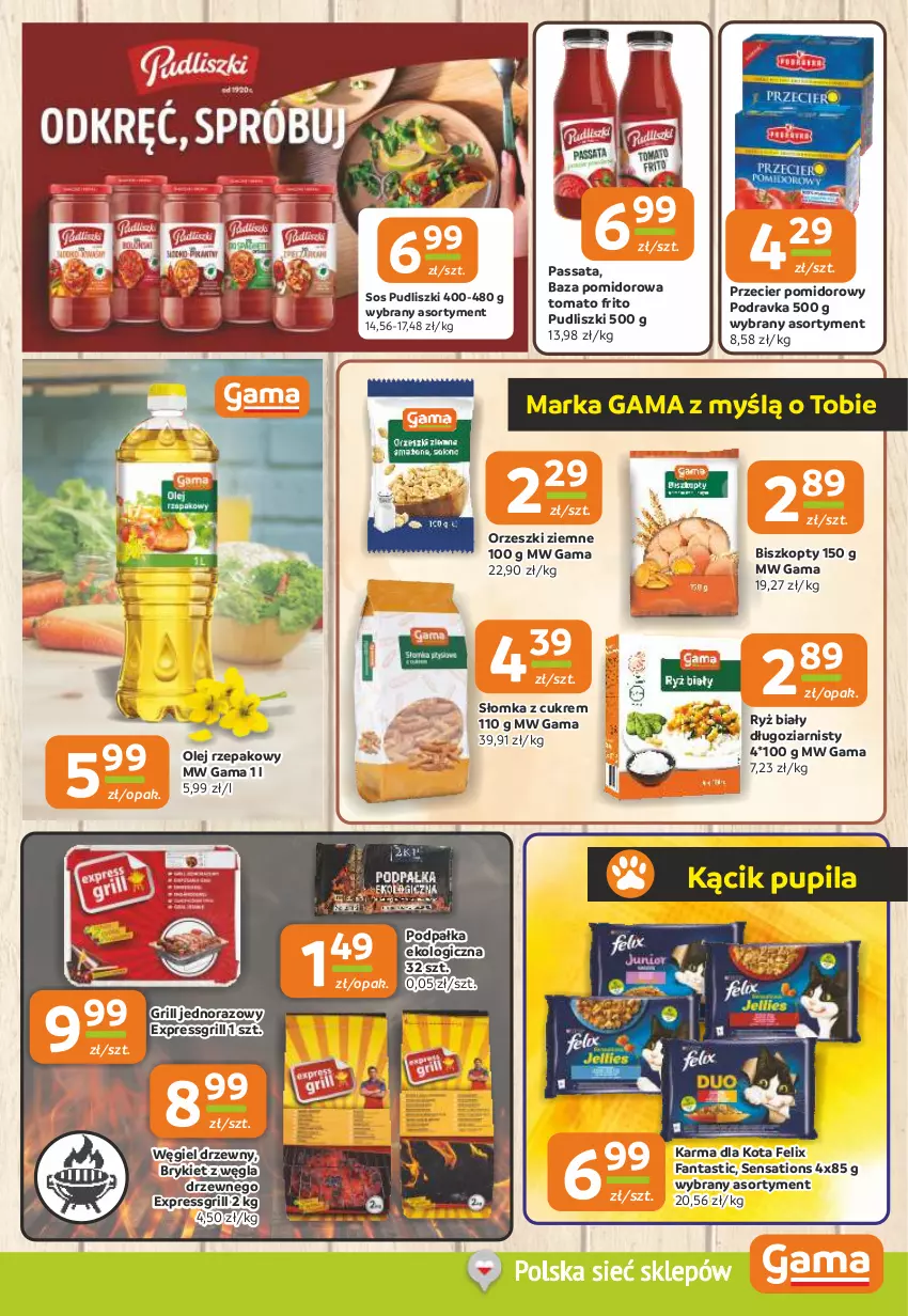 Gazetka promocyjna Gama - Gazetka Gama - ważna 24.07 do 05.08.2025 - strona 9 - produkty: Biszkopty, Fa, Fanta, Felix, Grill, Olej, Olej rzepakowy, Orzeszki, Orzeszki ziemne, Podravka, Pudliszki, Ryż, Ryż biały, Sati, Sos, Węgiel drzewny