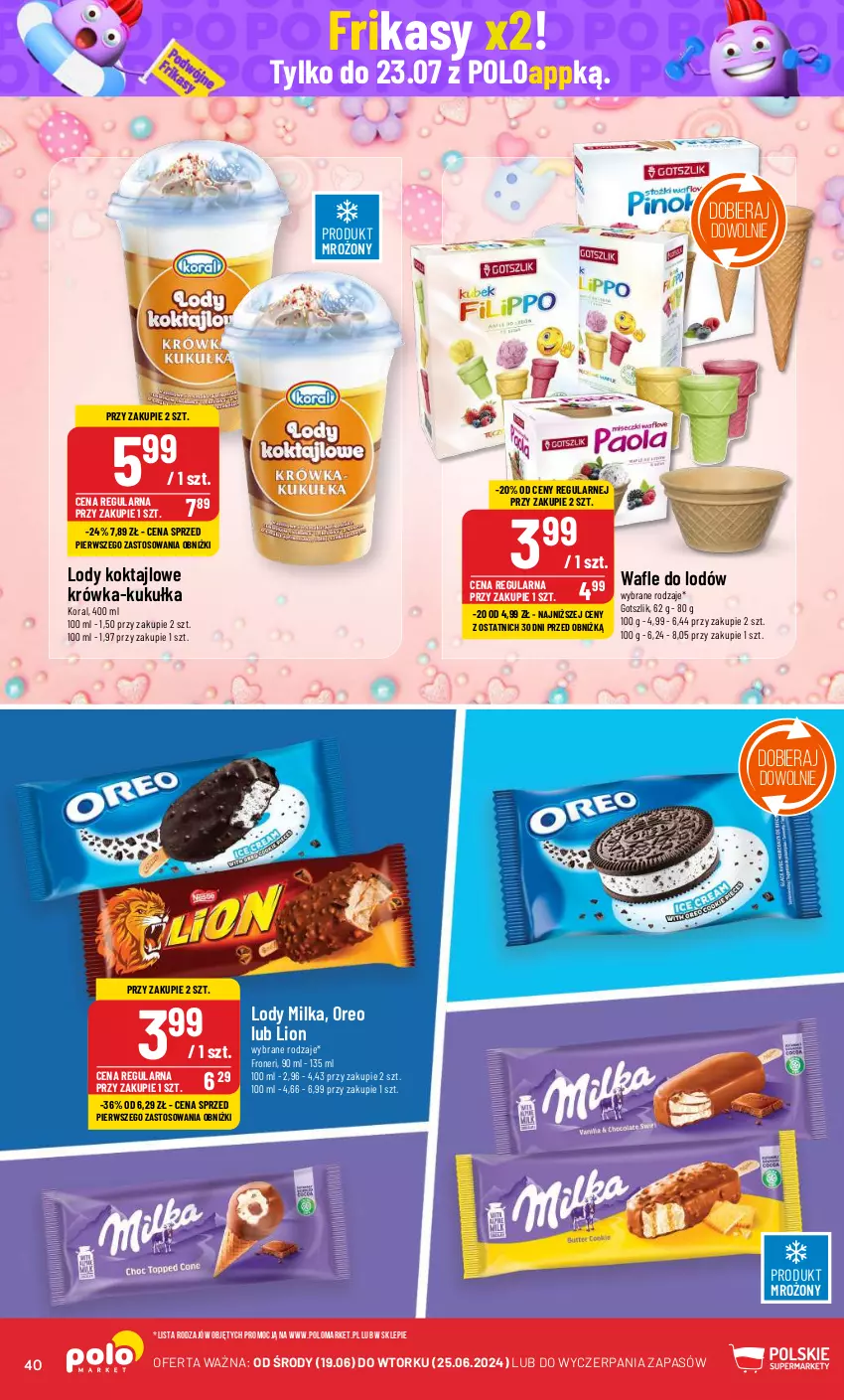 Gazetka promocyjna PoloMarket - Gazetka pomocyjna - ważna 19.06 do 25.06.2024 - strona 40 - produkty: Lion, Lody, Milka, Oreo, Wafle, Wafle do lodów