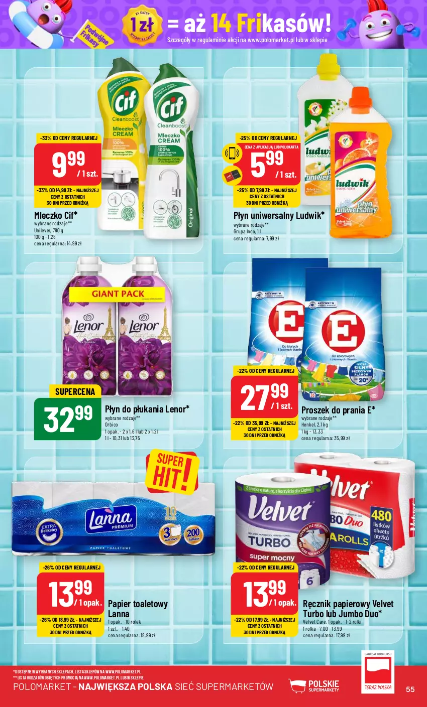 Gazetka promocyjna PoloMarket - Gazetka pomocyjna - ważna 19.06 do 25.06.2024 - strona 55 - produkty: BIC, Cif, Lenor, Ludwik, Mleczko, Papier, Papier toaletowy, Płyn do płukania, Proszek do prania, Ręcznik, Rolki, Velvet