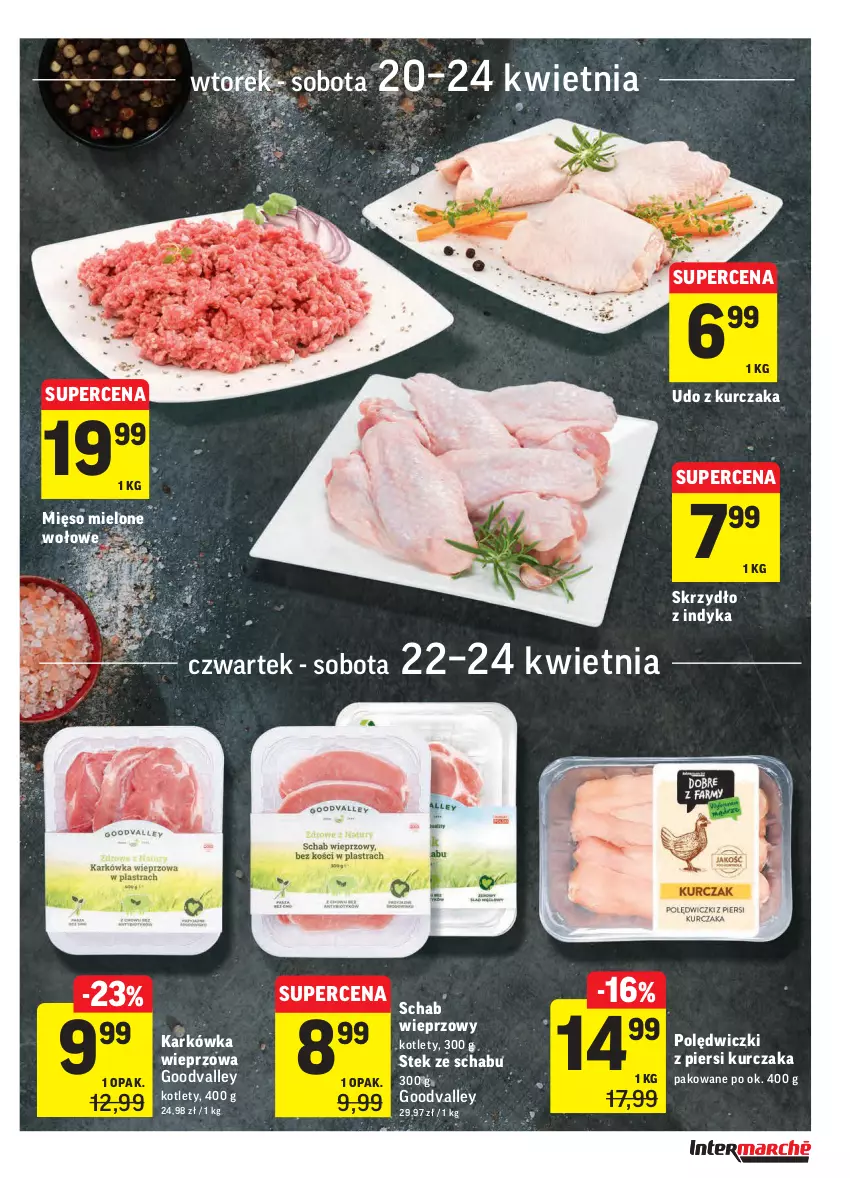 Gazetka promocyjna Intermarche - Świeżo itanio - ważna 20.04 do 26.04.2021 - strona 7 - produkty: Karkówka wieprzowa, Kotlet, Kurczak, Mięso, Mięso mielone, Schab wieprzowy, Stek, Udo z kurczaka