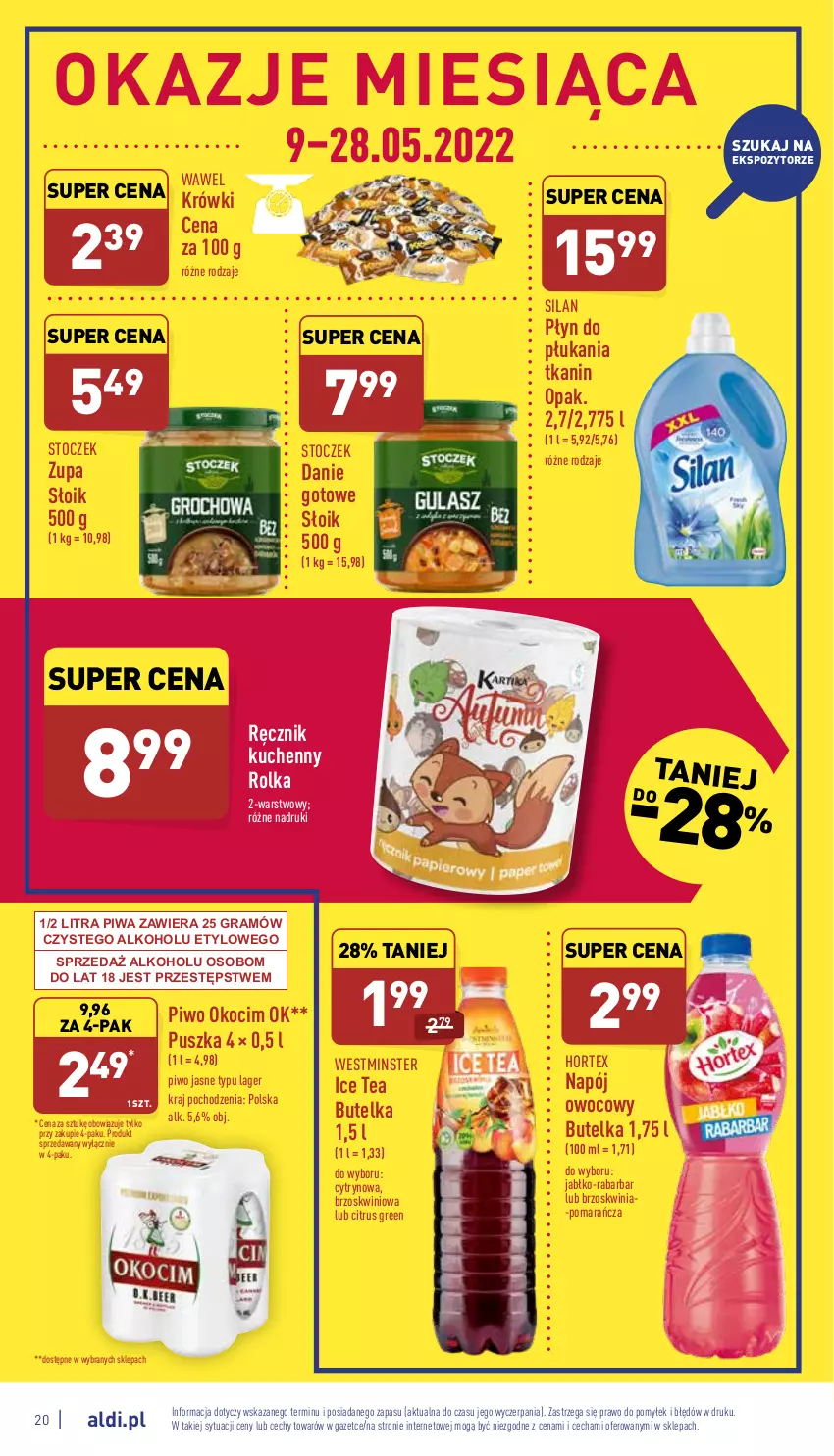 Gazetka promocyjna Aldi - Pełny katalog - ważna 16.05 do 21.05.2022 - strona 20 - produkty: Danie gotowe, Gra, Hortex, Ice tea, Koc, Napój, Okocim, Piwa, Piwo, Piwo jasne, Płyn do płukania, Ręcznik, Ręcznik kuchenny, Silan, Wawel, Zupa