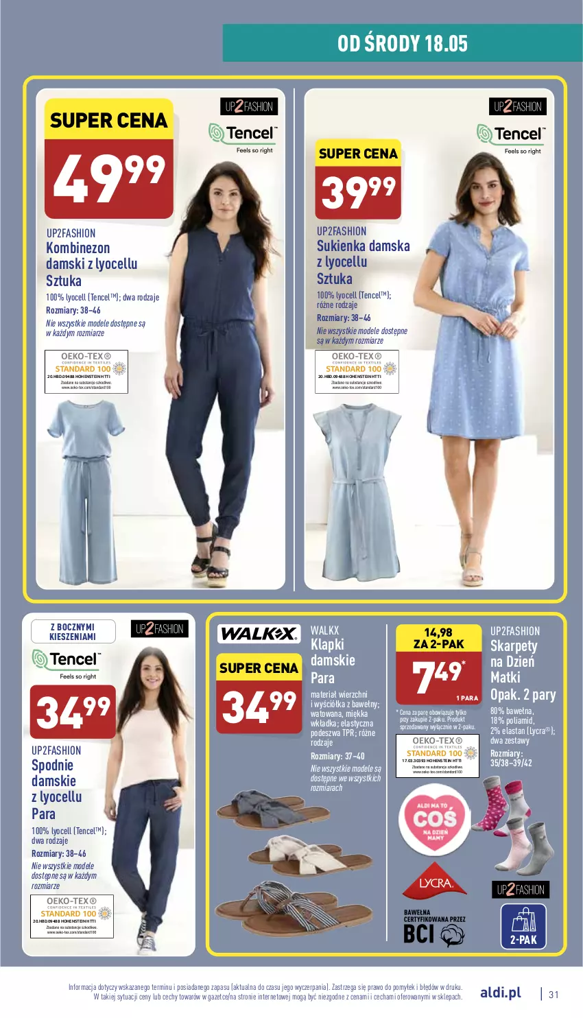 Gazetka promocyjna Aldi - Pełny katalog - ważna 16.05 do 21.05.2022 - strona 31 - produkty: Fa, Karp, Klapki, Kombinezon, Spodnie, Sukienka, Wełna