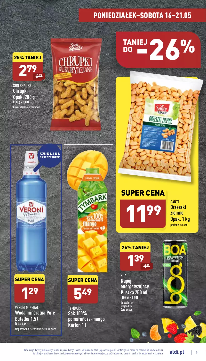 Gazetka promocyjna Aldi - Pełny katalog - ważna 16.05 do 21.05.2022 - strona 9 - produkty: Chrupki, Mango, Napój, Orzeszki, Orzeszki ziemne, Pur, Sante, Sok, Tymbark, Woda, Woda mineralna