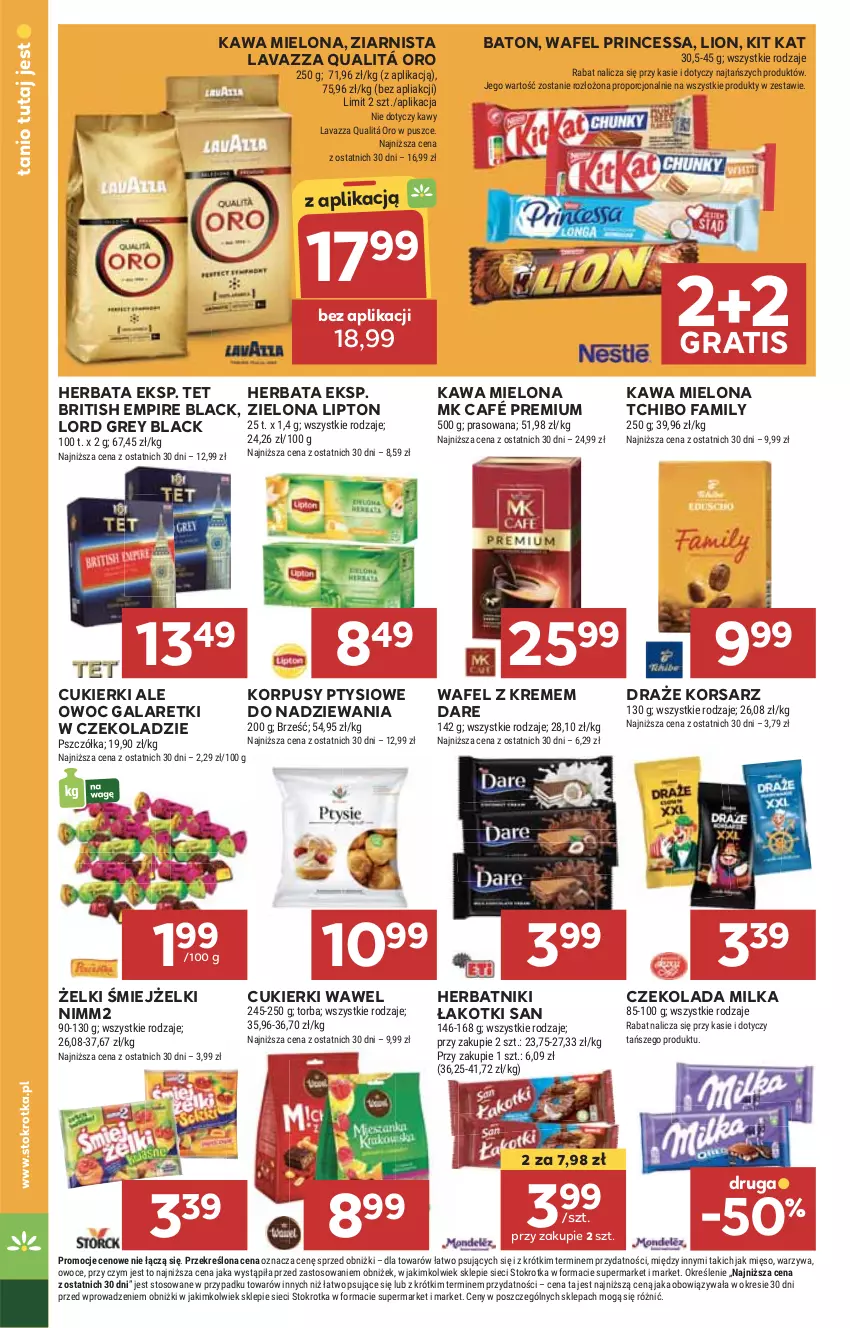 Gazetka promocyjna Stokrotka - Supermarket - ważna 24.07 do 31.07.2024 - strona 22 - produkty: Baton, Brit, Cukier, Cukierki, Czekolada, Fa, Gala, Galaretki, Gra, Herbata, Herbatniki, HP, Kawa, Kawa mielona, Kit Kat, Korpusy, Lack, Lavazza, Lion, Lipton, Milka, Nimm2, Princessa, Tchibo, Tchibo Family, Wawel