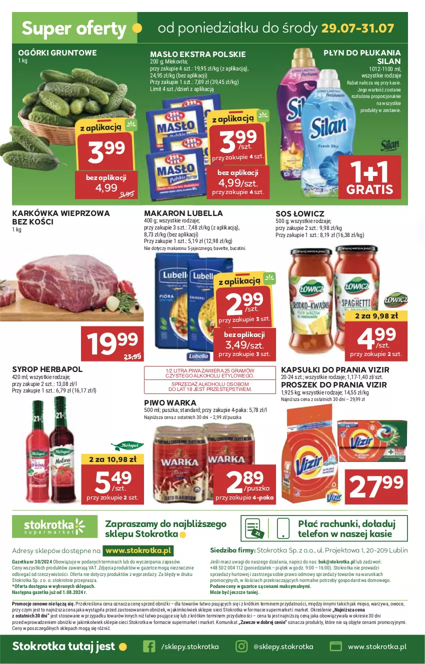 Gazetka promocyjna Stokrotka - Supermarket - ważna 24.07 do 31.07.2024 - strona 34 - produkty: Bell, Bella, Dres, Gra, Grunt, Herbapol, HP, JBL, Kapsułki do prania, Karkówka wieprzowa, Lubella, Makaron, Masło, Piwa, Piwo, Płyn do płukania, Proszek do prania, Silan, Sos, Syrop, Telefon, Vizir, Warka