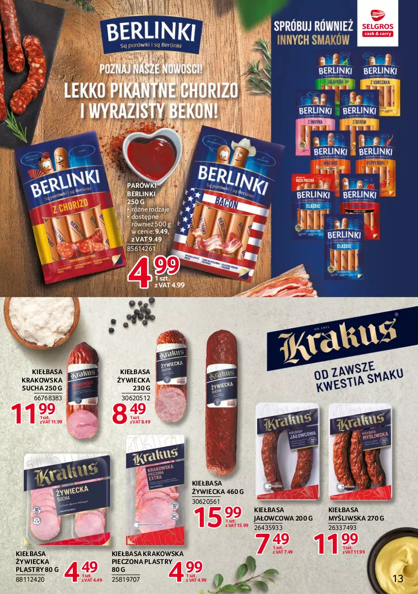 Gazetka promocyjna Selgros - Katalog Markowe Produkty - ważna 03.11 do 16.11.2022 - strona 13 - produkty: Berlinki, Kiełbasa, Kiełbasa krakowska, Parówki, Piec