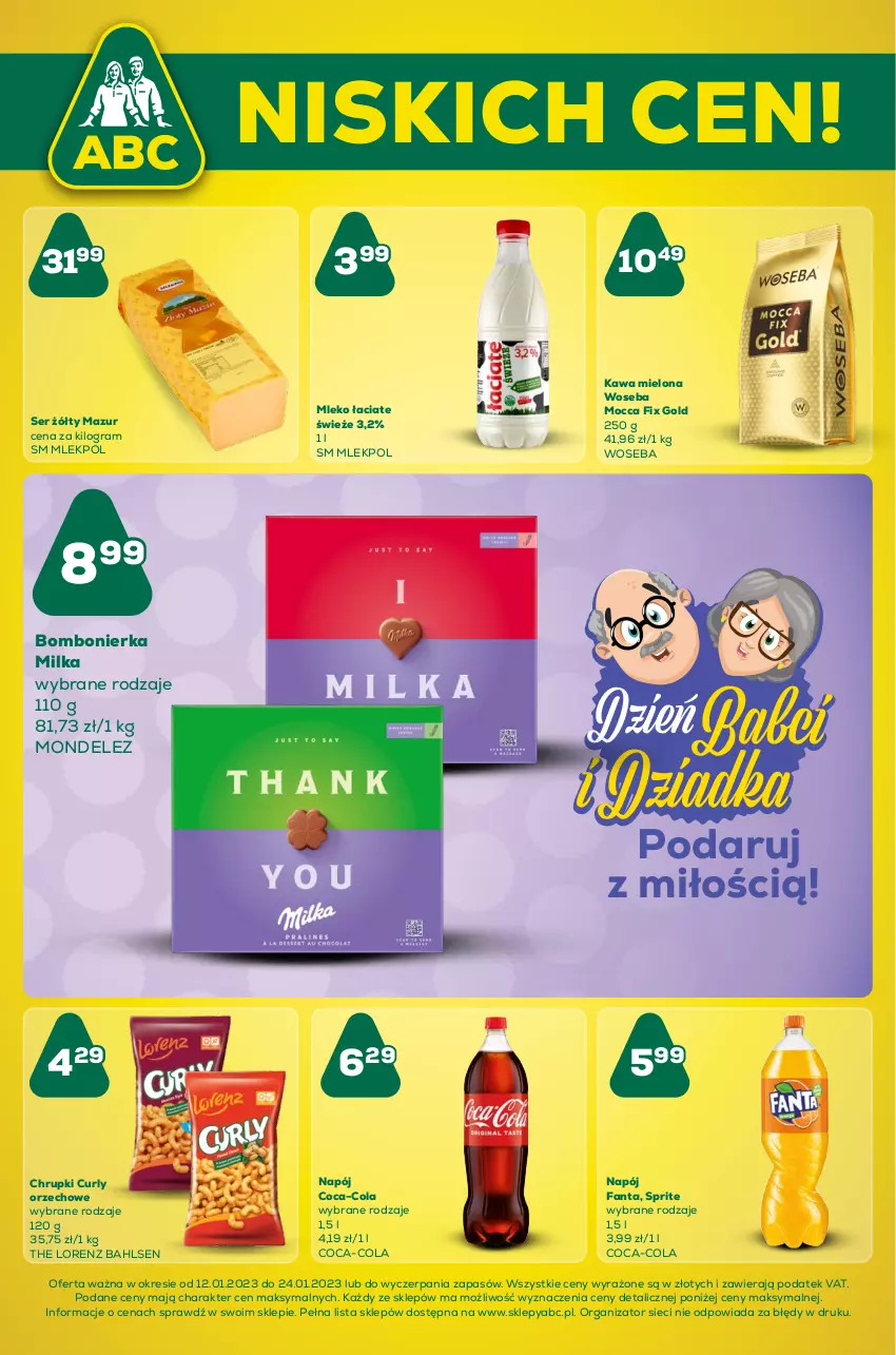 Gazetka promocyjna ABC - Gazetka - ważna 12.01 do 25.01.2023 - strona 1 - produkty: Chrupki, Coca-Cola, Fa, Fanta, Gra, Kawa, Kawa mielona, Lorenz, Milka, Mleko, Mocca Fix Gold, Napój, Ser, Sprite, Woseba