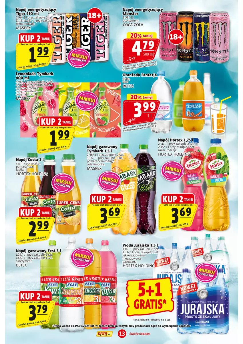 Gazetka promocyjna Prim Market - ważna 13.06 do 19.06.2024 - strona 13 - produkty: Hortex, Lemoniada, Limonka, Napój, Napój gazowany, Por, Tiger, Tymbark, Woda