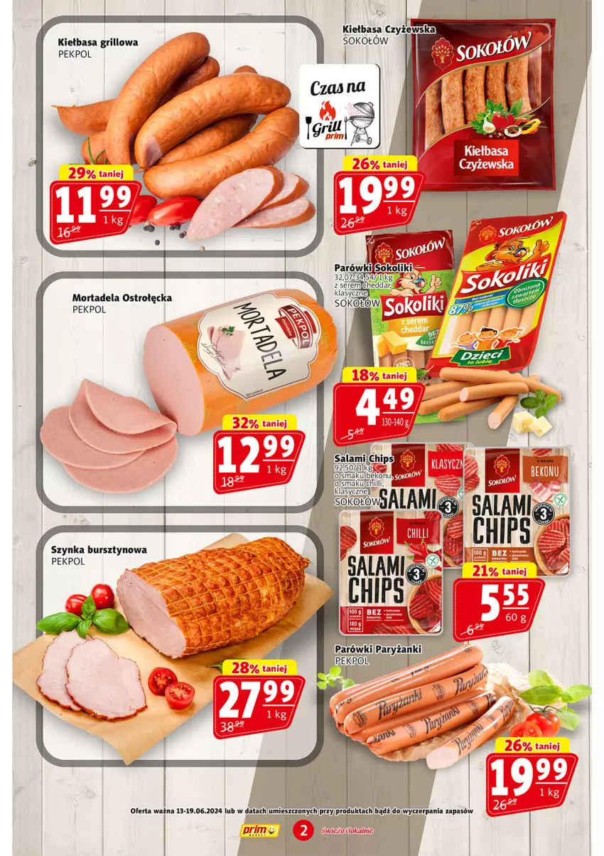 Gazetka promocyjna Prim Market - ważna 13.06 do 19.06.2024 - strona 2 - produkty: Bursztyn, Cheddar, Grill, Kiełbasa, Parówki, Parówki sokoliki, Pekpol, Ser, Sok, Sokołów, Szynka