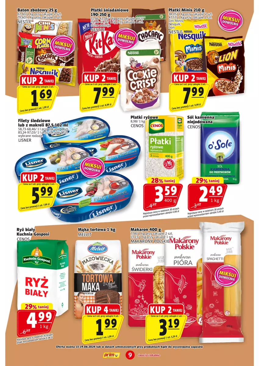 Gazetka promocyjna Prim Market - ważna 13.06 do 19.06.2024 - strona 9 - produkty: Baton, Cenos, Danio, Gin, Kuchnia, LG, Lisner, Mąka, Mąka tortowa, Makaron, Melvit, Pieprz, Płatki ryżowe, Ryż, Ryż biały, Sól, Spaghetti