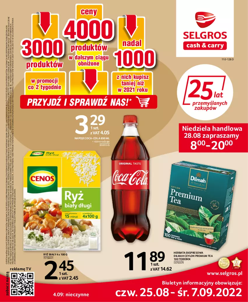 Gazetka promocyjna Selgros - Oferta spożywcza - ważna 25.08 do 07.09.2022 - strona 1 - produkty: Coca-Cola, Dilmah, Fa, Herbata, LG, Napoje, Por, Ryż, Ryż biały, Tran