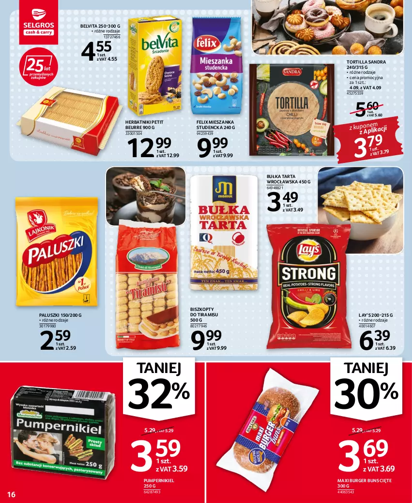 Gazetka promocyjna Selgros - Oferta spożywcza - ważna 25.08 do 07.09.2022 - strona 16 - produkty: BelVita, Biszkopty, Bułka, Bułka tarta, Burger, Felix, Herbatniki, Herbatniki Petit Beurre, Lay’s, Mieszanka studencka, Tarta, Tortilla