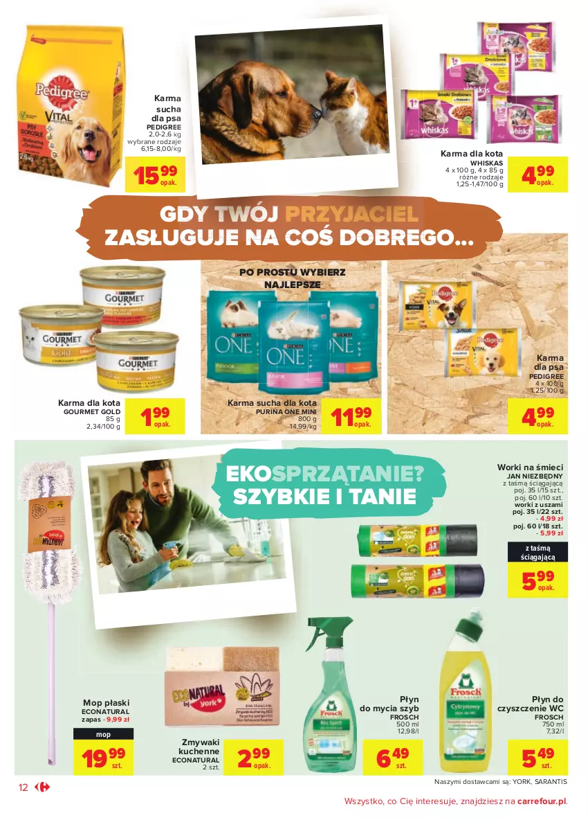 Gazetka promocyjna Carrefour - Gazetka Codzienne okazje, by kupować taniej - ważna 24.08 do 04.09.2021 - strona 12 - produkty: Frosch, Gourmet Gold, Jan Niezbędny, Mop, Pedigree, Płyn do mycia, Pur, Purina, Sprzątanie, Whiskas, Worki na śmiec, Worki na śmieci, Zmywaki kuchenne