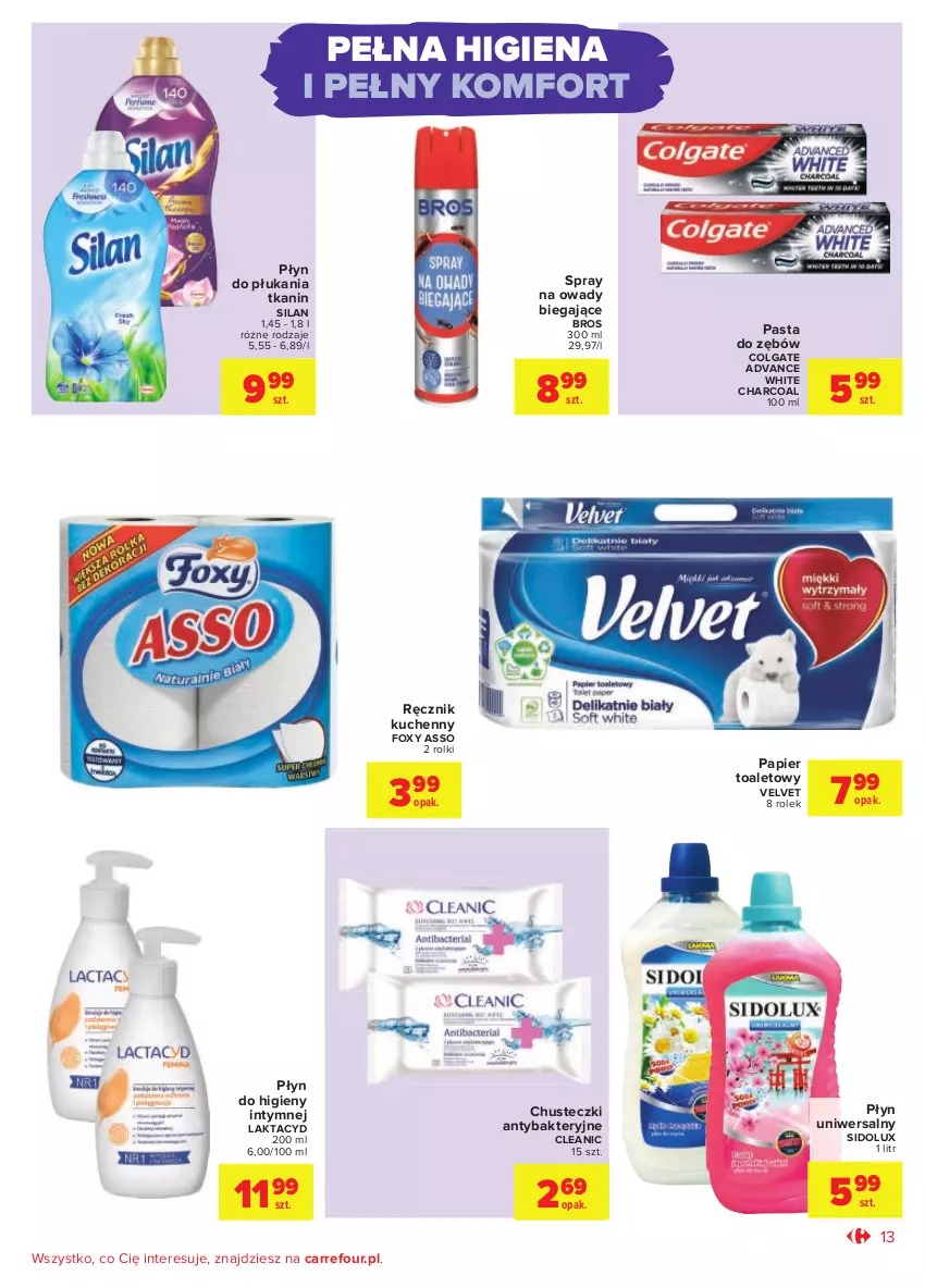 Gazetka promocyjna Carrefour - Gazetka Codzienne okazje, by kupować taniej - ważna 24.08 do 04.09.2021 - strona 13 - produkty: Chusteczki, Cleanic, Colgate, Foxy, LG, Papier, Papier toaletowy, Pasta do zębów, Płyn do higieny intymnej, Płyn do płukania, Ręcznik, Ręcznik kuchenny, Rolki, Sidolux, Silan, Velvet