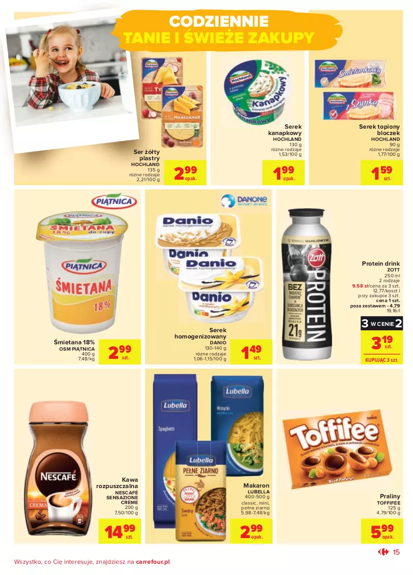 Gazetka promocyjna Carrefour - Gazetka Codzienne okazje, by kupować taniej - ważna 24.08 do 04.09.2021 - strona 15 - produkty: Bell, Bella, Danio, Hochland, Kawa, Kawa rozpuszczalna, Kosz, Lubella, Makaron, Nescafé, Piątnica, Praliny, Ser, Serek, Serek homogenizowany, Serek kanapkowy, Toffifee, Top, Zott