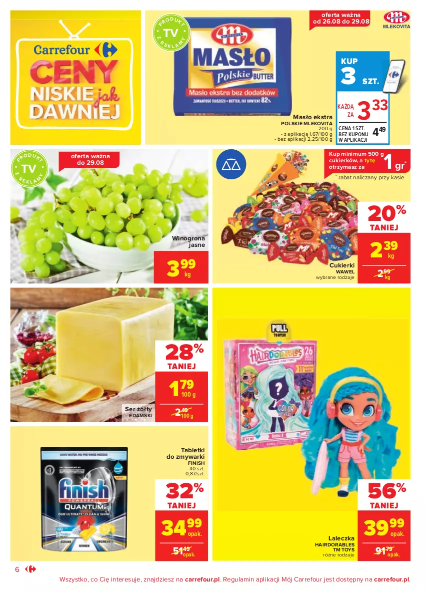 Gazetka promocyjna Carrefour - Gazetka Codzienne okazje, by kupować taniej - ważna 24.08 do 04.09.2021 - strona 6 - produkty: Cukier, Cukierki, Edam, Finish, Masło, Mleko, Mlekovita, Ser, Tablet, Tabletki do zmywarki, Wawel, Wino, Winogrona, Zmywarki