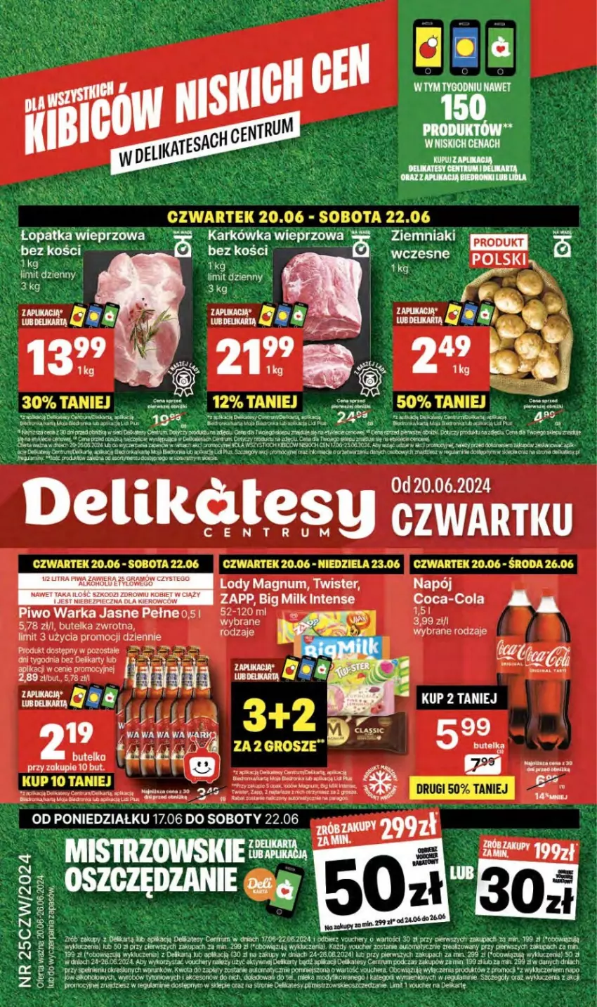 Gazetka promocyjna Delikatesy Centrum - NOWA GAZETKA Delikatesy Centrum od 20 czerwca! 20-26.06.2024 - ważna 20.06 do 26.06.2024 - strona 1 - produkty: BIC, Coca-Cola, Fa, Gra, Karkówka wieprzowa, Lakier, Lody, Napój, Orka, Piec, Piwa, Piwo, Rum, Sok, Warka, Ziemniaki