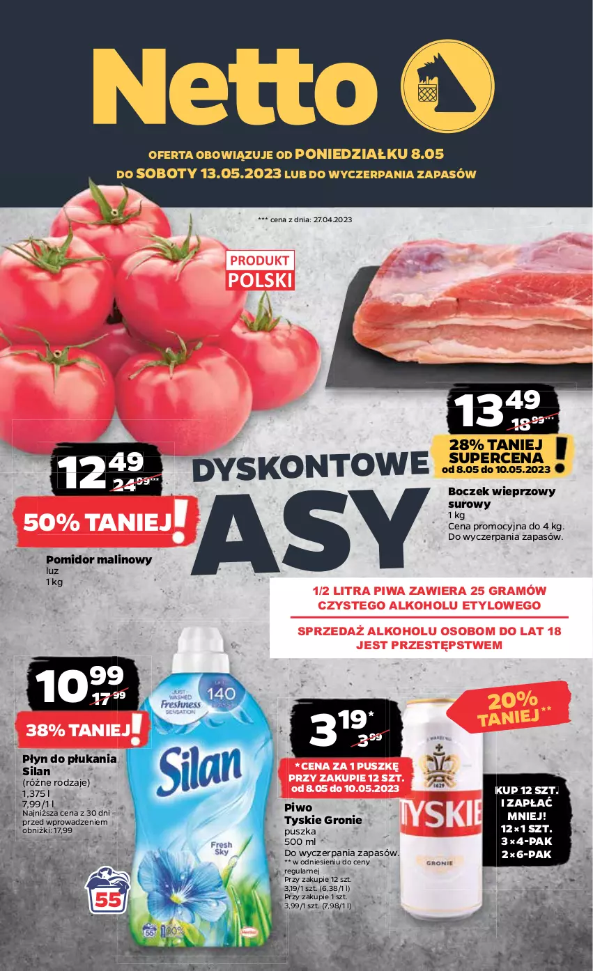 Gazetka promocyjna Netto - Artykuły spożywcze - ważna 08.05 do 13.05.2023 - strona 1 - produkty: Boczek, Boczek wieprzowy, Gra, Piwa, Piwo, Płyn do płukania, Pomidor malinowy, Silan, Tyskie