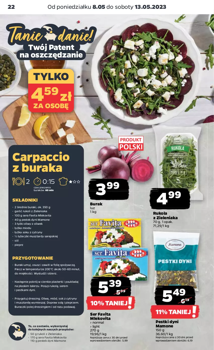 Gazetka promocyjna Netto - Artykuły spożywcze - ważna 08.05 do 13.05.2023 - strona 22 - produkty: Buraczki, Buraki, Carpaccio, Cytryny, Dres, Fa, Favita, Miód, Mleko, Mlekovita, Mus, Olej, Pestki dyni, Piec, Pieprz, Plasterki, Rukola, Ser, Sok, Sól, Stek, Talerz