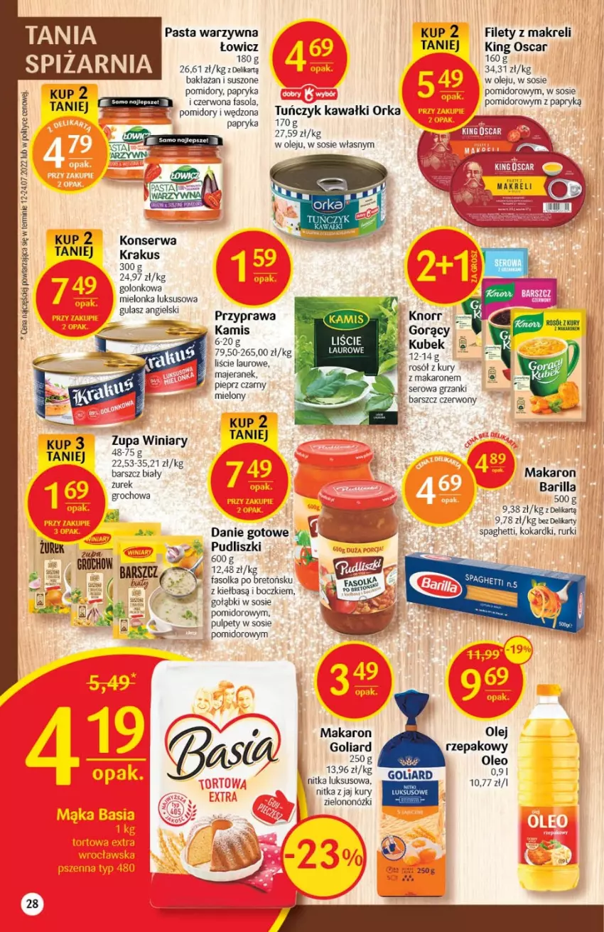 Gazetka promocyjna Delikatesy Centrum - Gazetka DC35 - ważna 08.09 do 14.09.2022 - strona 28 - produkty: Barilla, Basia, Danie gotowe, Fa, Fasola, Goliard, Groch, Kamis, Kawa, Knorr, Krakus, Kubek, Laur, Makaron, Olej, Olej rzepakowy, Oleo, Orka, Papryka, Pasta warzywna, Pieprz, Pomidory, Pudliszki, Pulpety, Rosół, Rurki, Ser, Sos, Spaghetti, Suszone pomidory, Tuńczyk