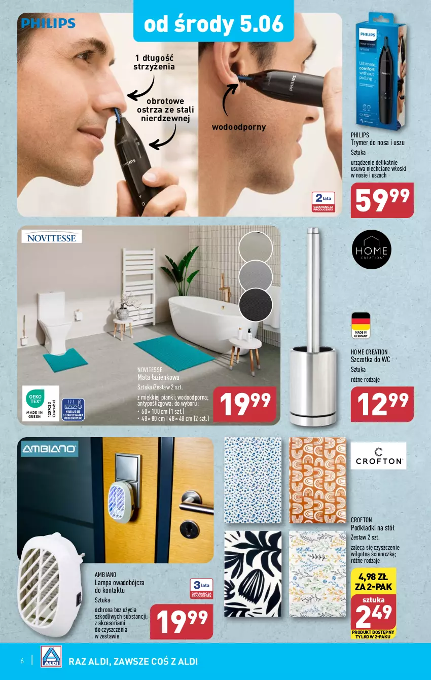 Gazetka promocyjna Aldi - Artykuły przemysłowe i tekstylia - ważna 05.06 do 08.06.2024 - strona 6 - produkty: Lampa, LG, Mata łazienkowa, Philips, Podkład, Por, Stół, Szczotka, Szczotka do WC