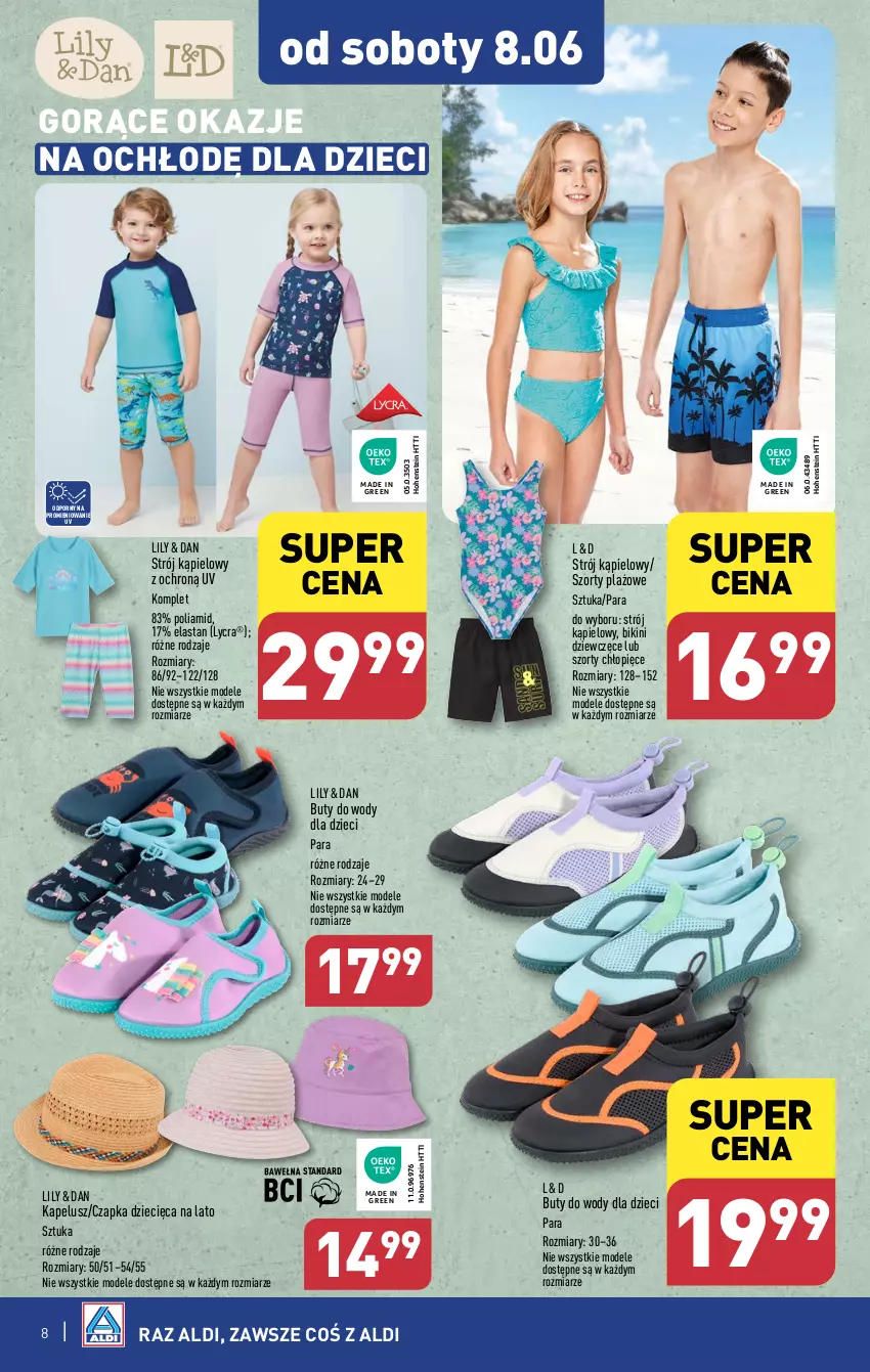 Gazetka promocyjna Aldi - Artykuły przemysłowe i tekstylia - ważna 05.06 do 08.06.2024 - strona 8 - produkty: Bikini, Buty, Buty do wody, Czapka, Dzieci, Por, Strój kąpielowy, Szorty