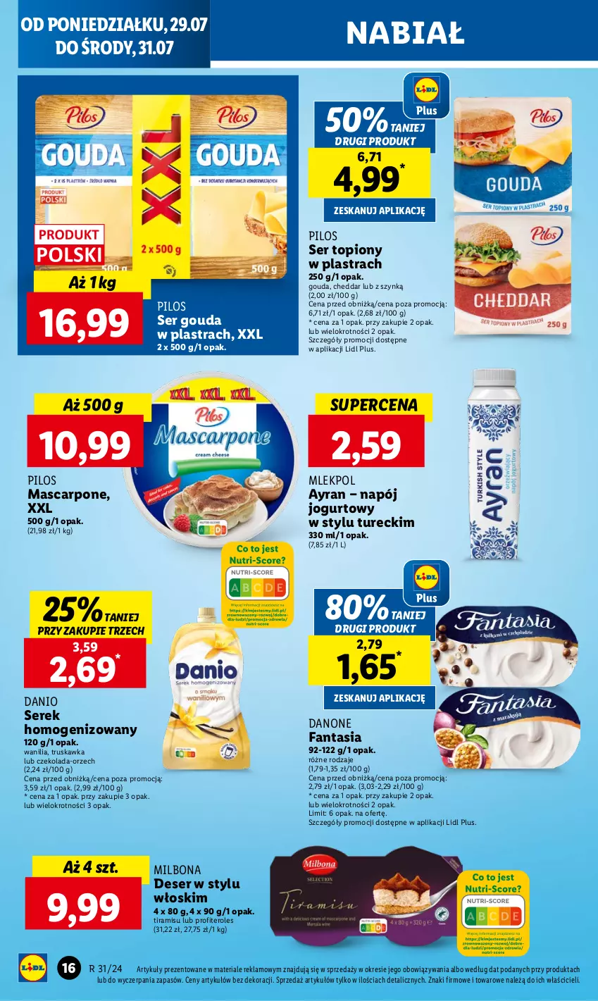 Gazetka promocyjna Lidl - GAZETKA - ważna 29.07 do 31.07.2024 - strona 20 - produkty: Cheddar, Czekolada, Danio, Danone, Danone Fantasia, Deser, Fa, Fanta, Gouda, Jogurt, Mascarpone, Napój, Napój jogurtowy, Pilos, Ser, Ser topiony, Serek, Serek homogenizowany, Top