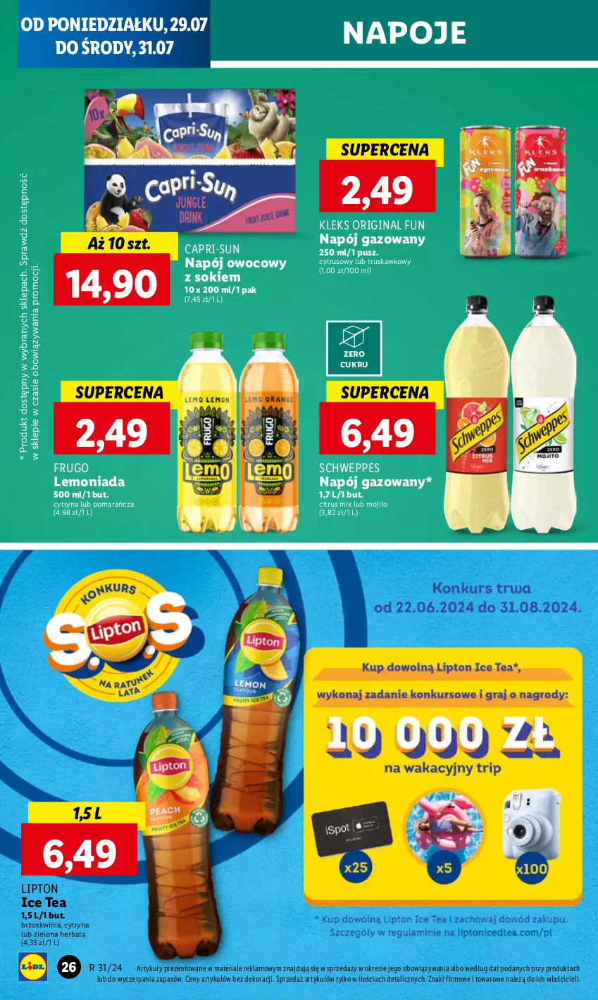 Gazetka promocyjna Lidl - GAZETKA - ważna 29.07 do 31.07.2024 - strona 32 - produkty: Gin, Herbata, Ice tea, Lemoniada, Lipton, Napój, Napój gazowany, Napoje, Schweppes, Sok