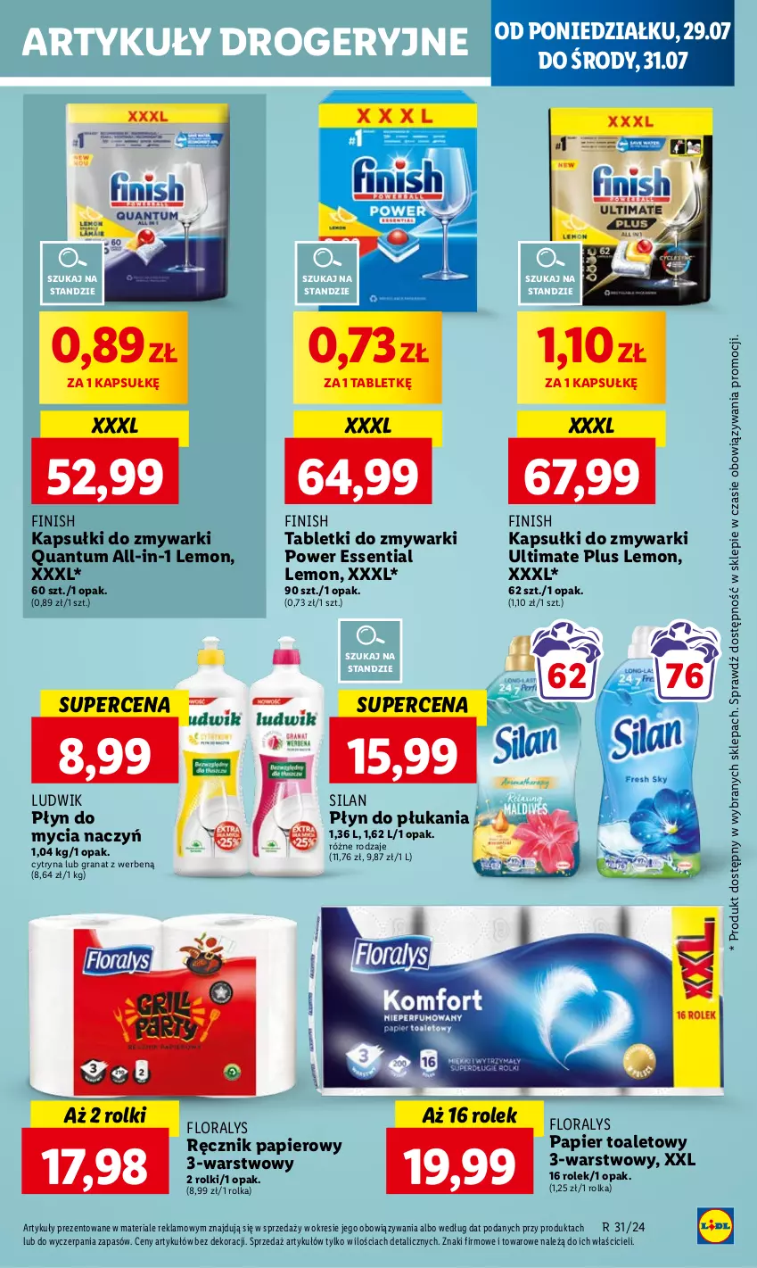 Gazetka promocyjna Lidl - GAZETKA - ważna 29.07 do 31.07.2024 - strona 45 - produkty: Do mycia naczyń, Finish, Flora, Gra, Granat, Ludwik, Papier, Papier toaletowy, Płyn do mycia, Płyn do mycia naczyń, Płyn do płukania, Ręcznik, Rolki, Silan, Tablet, Tabletki do zmywarki, Zmywarki