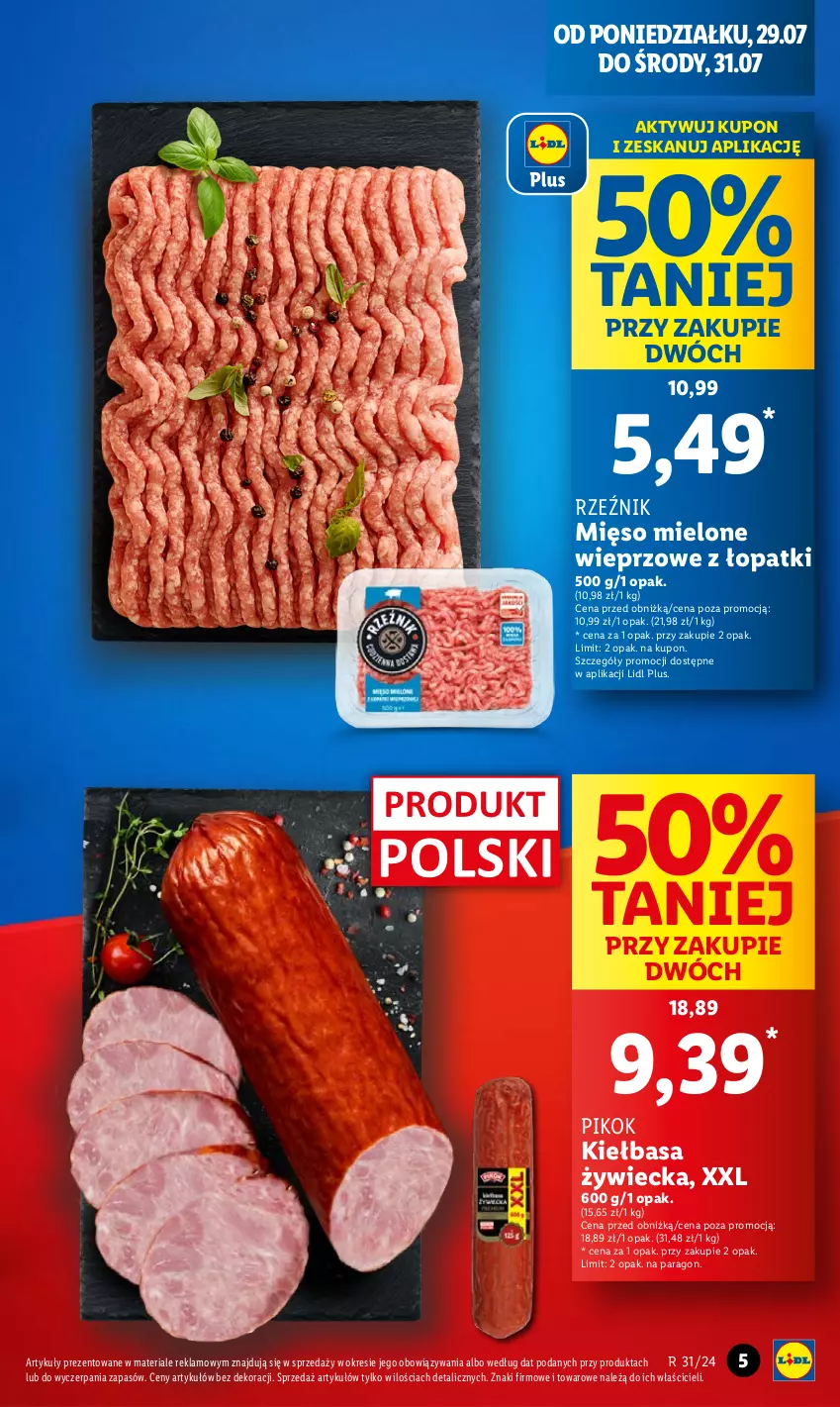 Gazetka promocyjna Lidl - GAZETKA - ważna 29.07 do 31.07.2024 - strona 5 - produkty: Kiełbasa, Mięso, Mięso mielone, PIKOK