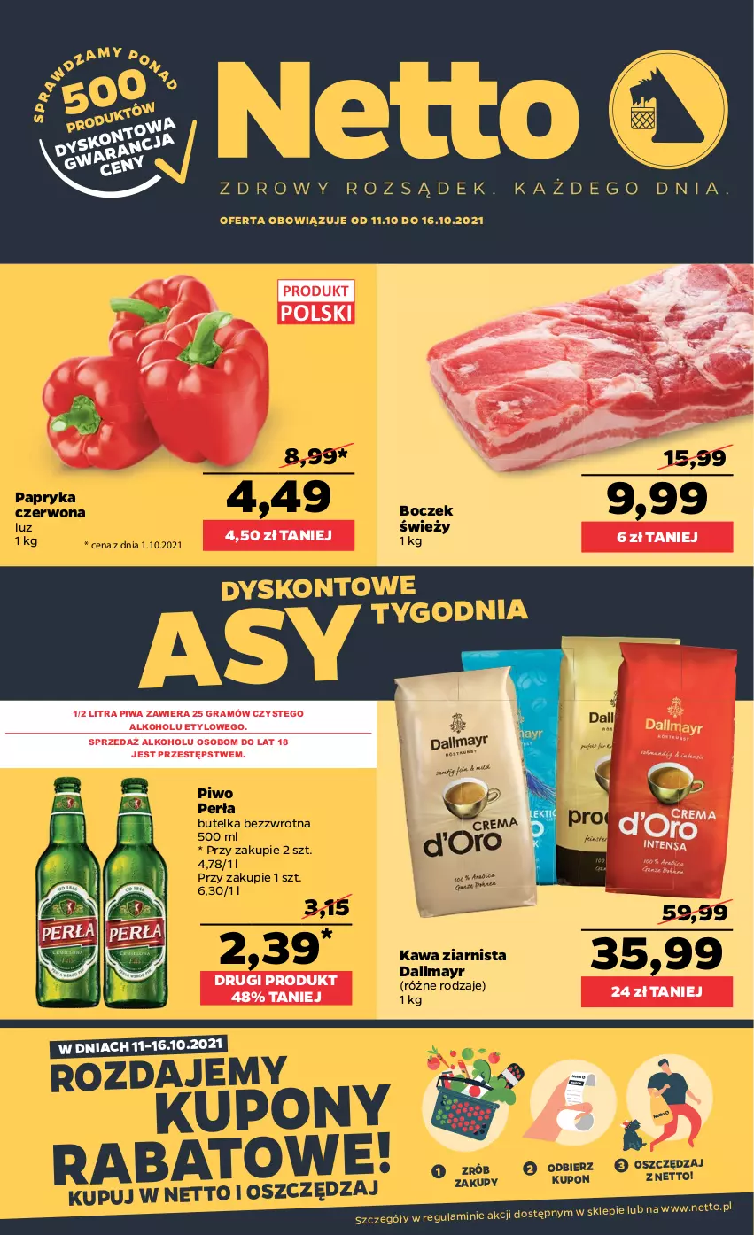 Gazetka promocyjna Netto - Gazetka spożywcza - ważna 11.10 do 16.10.2021 - strona 1 - produkty: Boczek, Dallmayr, Gra, Kawa, Kawa ziarnista, Papryka, Papryka czerwona, Perła, Piwa, Piwo