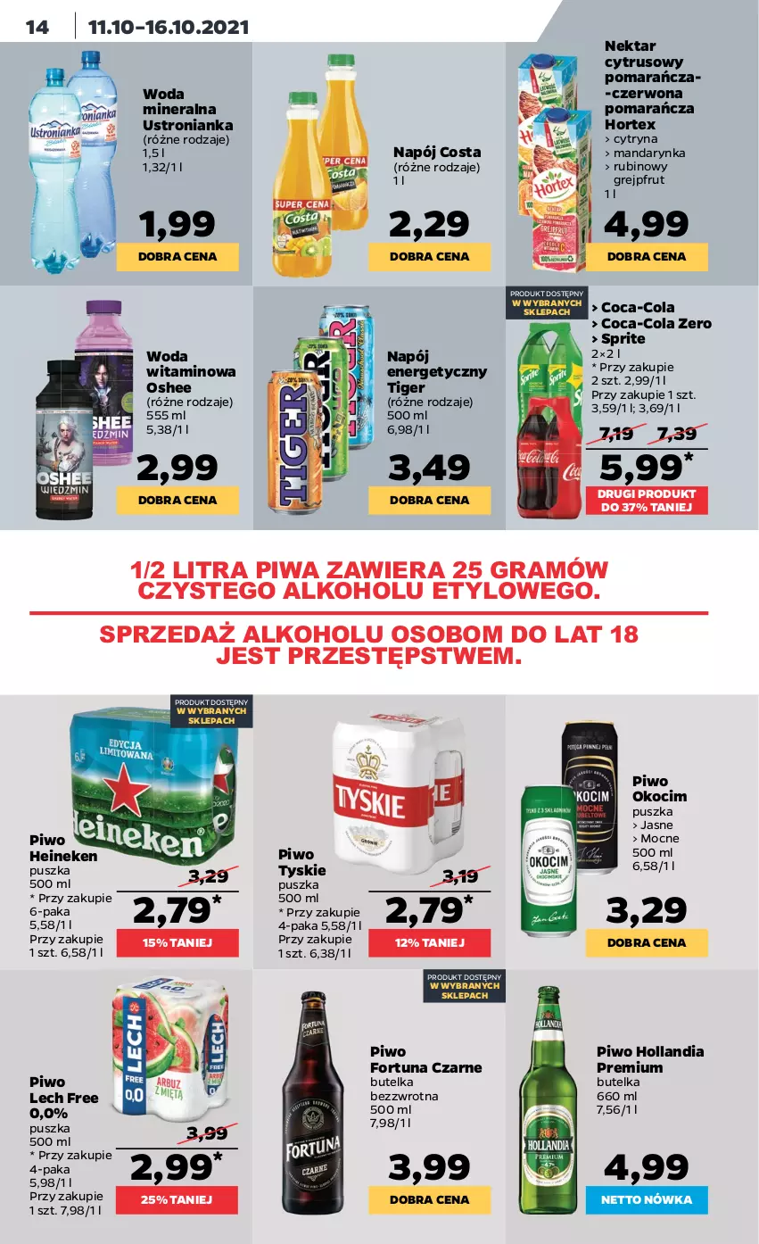 Gazetka promocyjna Netto - Gazetka spożywcza - ważna 11.10 do 16.10.2021 - strona 14 - produkty: Coca-Cola, Fortuna, Gra, Grejpfrut, Heineken, Hortex, Koc, Napój, Napój energetyczny, Nektar, Okocim, Oshee, Piwa, Piwo, Rubin, Sprite, Tiger, Tyskie, Woda, Woda mineralna