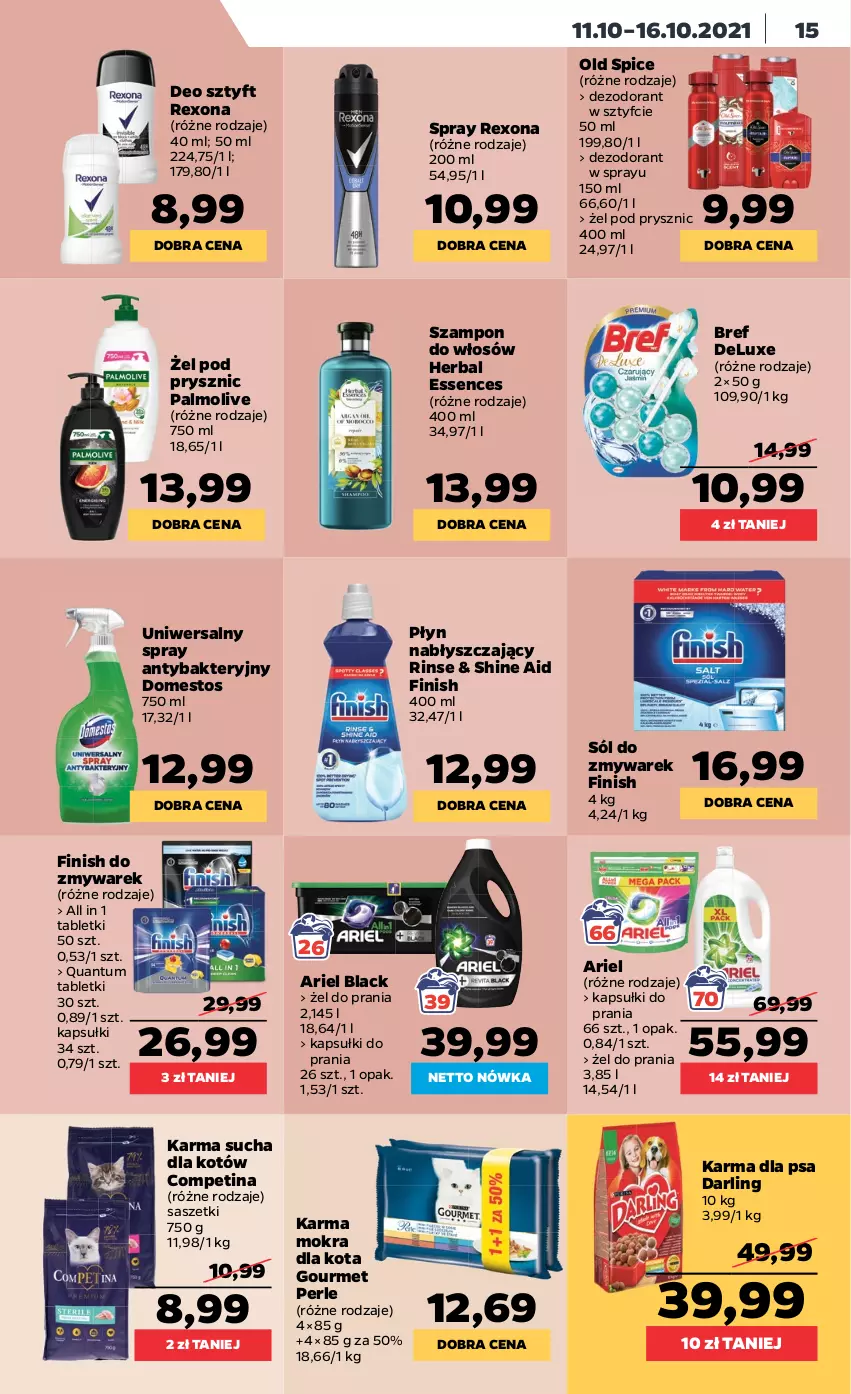 Gazetka promocyjna Netto - Gazetka spożywcza - ważna 11.10 do 16.10.2021 - strona 15 - produkty: Ariel, Bref, Dezodorant, Domestos, Finish, Kapsułki do prania, Lack, Old Spice, Palmolive, Płyn nabłyszczający, Rexona, Sól, Szampon, Tablet